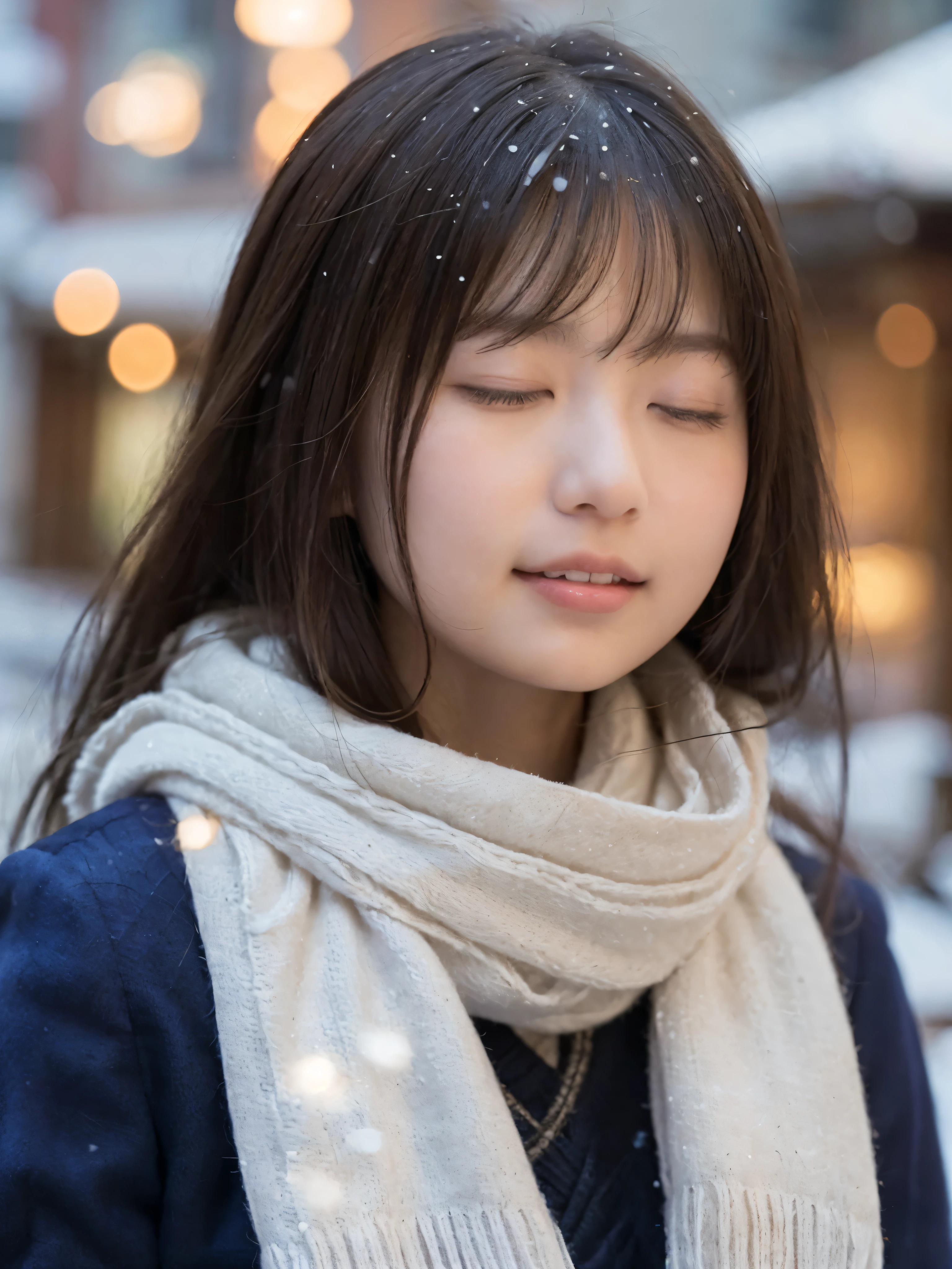 ((no makeup、close your eyes、close your mouth:1.2))、(realistic、Photoreal、Super detailed、best detailed skins、highest quality、masterpiece、ultra high resolution)、cute japanese woman、17 years old、high school girl、young girl、1 girl、have bangs、double eyelid、drooling eyes、Japanese style face、purity、double teeth、realistic肌タイプ、thick muffler、Grey muffler、fluffy hair、((hair is inside the scarf:1.3))、red cheeks、the wind is blowing、that&#39;that&#39;that&#39;It&#39;s snowing、night、illumination、light comes from behind、smile with closed eyes、sexy