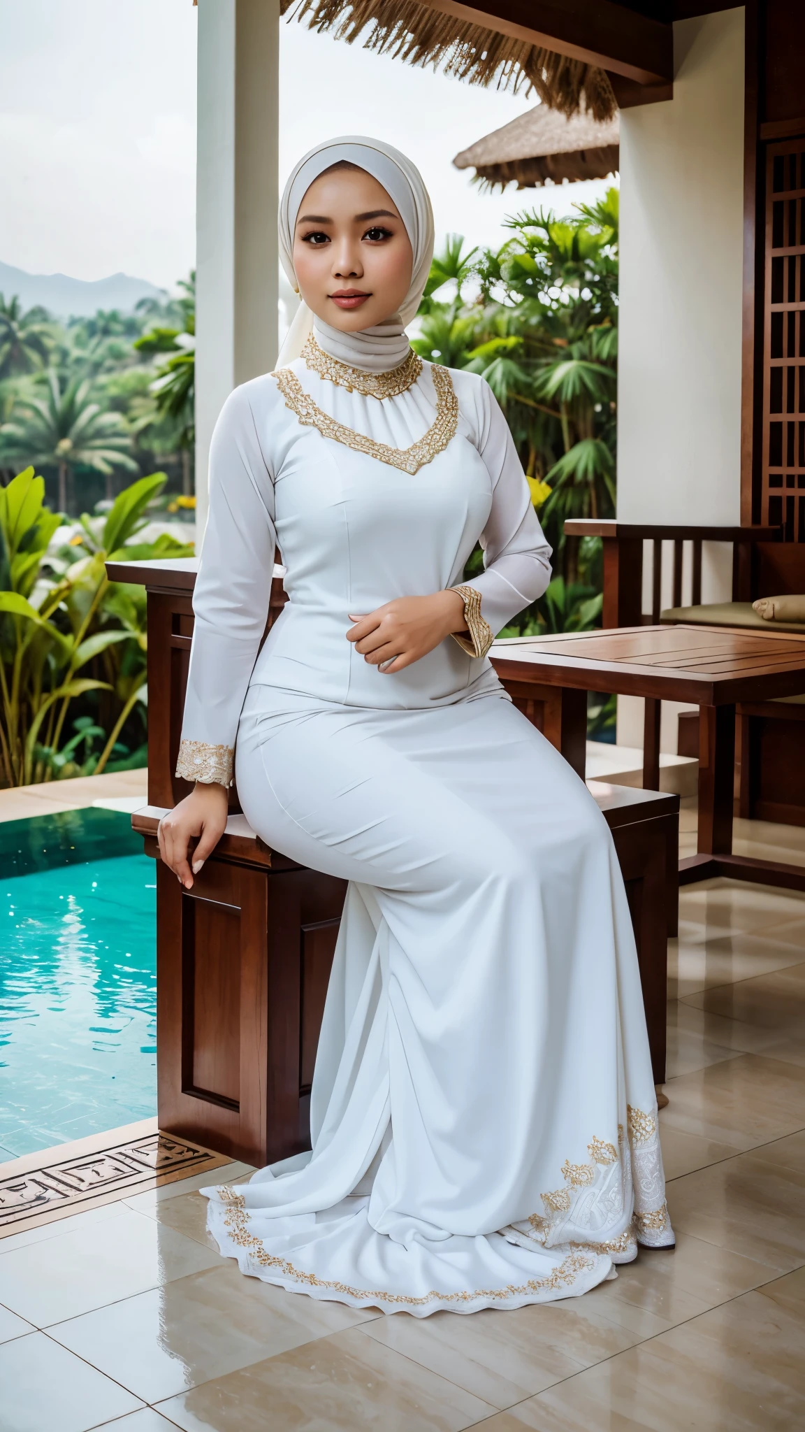 RAW, Best quality, high resolution, Masterpiece: 1.3, Indonesian woman with hijab, curvaceous, wearing Javanese kebaya gamis, dress, beautiful pearl skinned Javanese hijabi wearing tribal slave, heels, Masterpiece, white stockings, Soft smile, sitting next to villa swimming pool