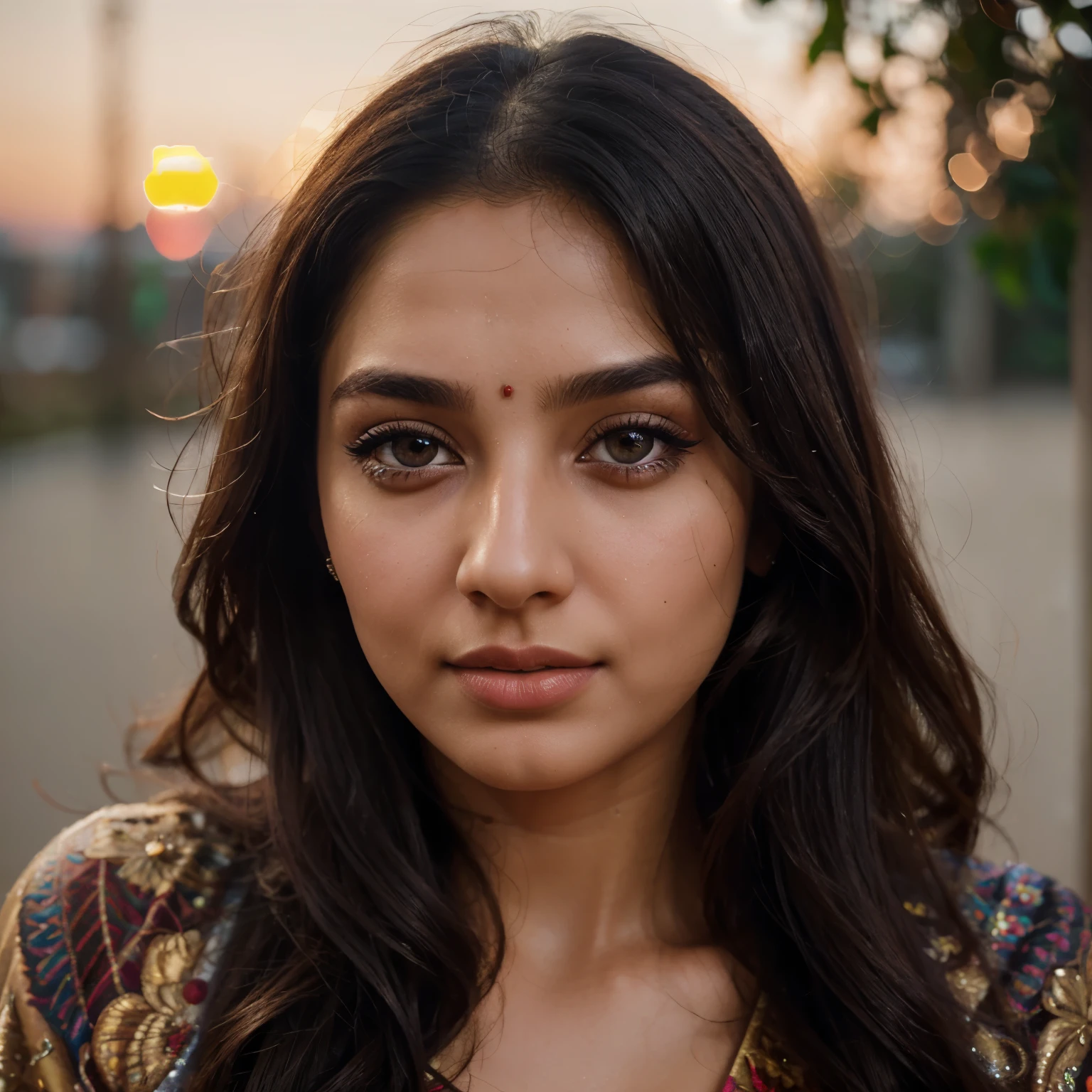 Aliya Bhat,beautiful detailed eyes,beautiful detailed lips,extremely detailed eyes and face,longeyelashes,medium:oil painting,portrait,professional,highres,HDR,vivid colors,warm tones,soft lighting,sunset backdrop,colorful dress,graceful pose,intense expression,artistic background,delicate brushwork,realistic,bokeh