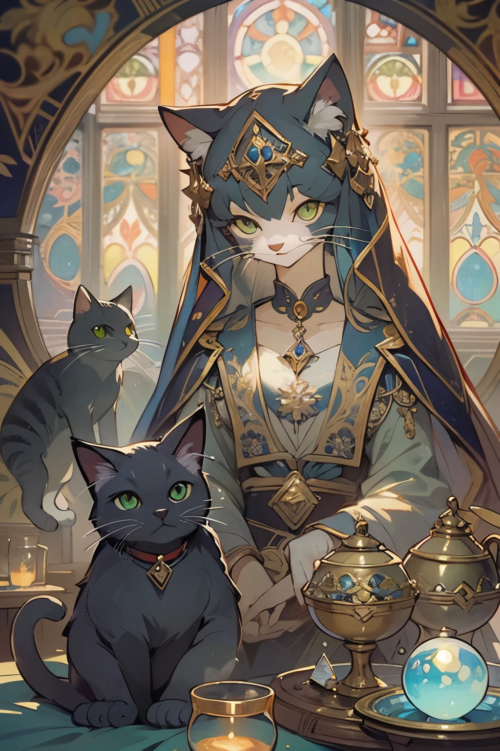 (masterpiece, highest quality, highest quality, official art, beautiful and aesthetic:1.2), (1 cat:1.3),  very detailed, portrait, fortune tellerの姿の毛長の猫, alone, (whole body:0.6), looking at the viewer、detailed background, close, shining eyes,fortune teller, Mysterious, sitting at the table, colorful shoulderless loose gypsy、holy grail, crystal ball, Medieval (inner tent:1.1) background, tent curtains in background, dark Mysterious lighting, Shadow, magical atmosphere, starry night,, Dutch angle horoscope、Mysterious, Alphonse Mucha&#39;s Art Nouveau line, Art Nouveau line,　awesome full color,　watercolor painting　