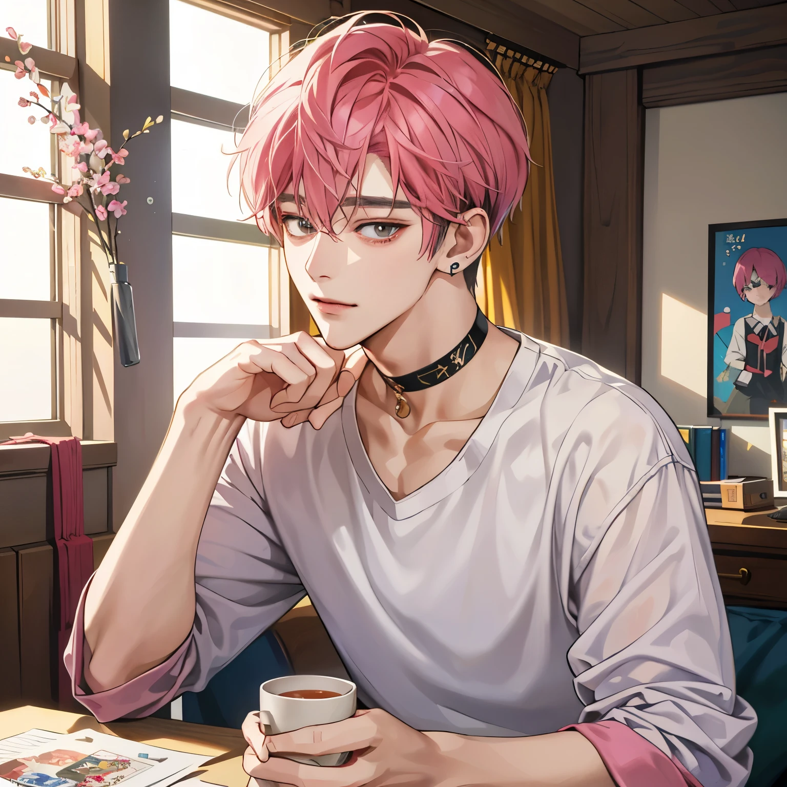 Guviz-style artwork,  anime realism style, realistic anime art style, Drawn at Anime Painter Studio, Inspired by Kim Taehyung, In an anime style, anime handsome man, dark pink hair、A sloppy smile、choker、Multiple piercings、Man with short hair、One man、gray eyes、room、暖かいroom、Holding the mug with both hands、upward glance、Multiple piercings、Roomwear、red cheeks、upward glanceで見上げる、relaxed atmosphere、Inspired by Kim Taehyung、