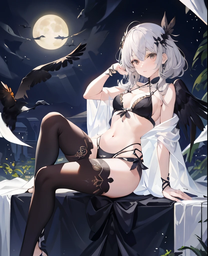 (masterpiece), (highest quality), full body,simple background,sitting,
1 girll,shiny hair,gray hair,feather hair ornament, white cloak, ((See-through)),belly button,light smile,
plant, flower, full_moon,detective theme,((black legwear)), ((Crow)),Lock,Remains,
1 girl, in flower,black_bikini,1 girll in flower ,belly button,