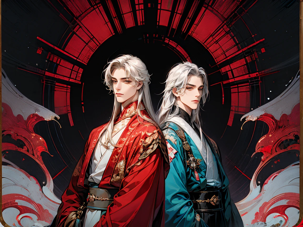 masterpiece, collage of 2 men in chinese clothes,hanfu, long black hair, long white hair