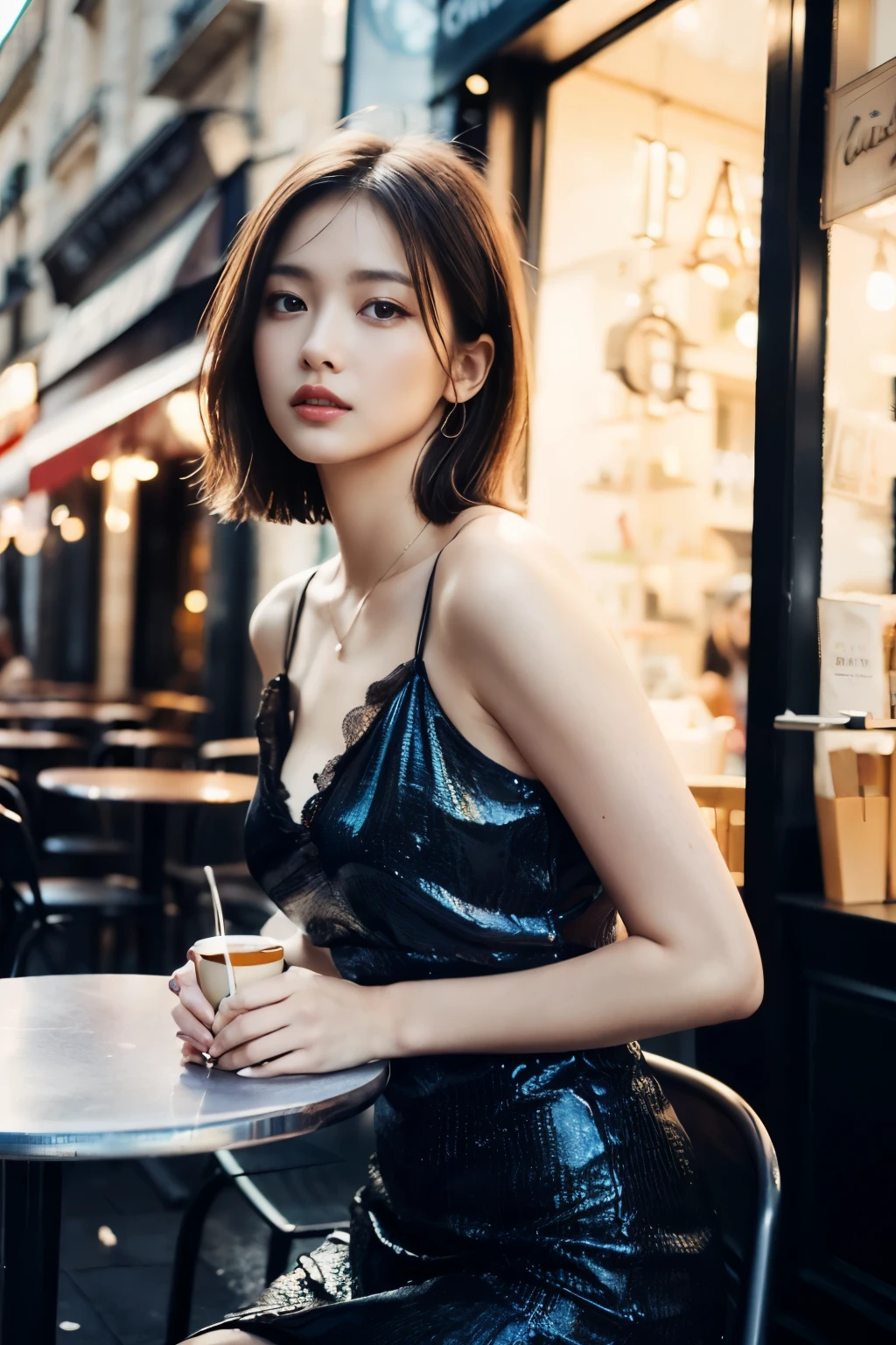 ((table top:1.4, highest quality)), (realistic pictures:1.4),
((1 girl)), glossy black hair,
(超High resolution:1.2), very delicate and beautiful, wonderful,
Highly detailed CG Unity 8K wallpaper, Super detailed, High resolution, soft light,
beautiful detailed girl, highly detailed eyes and face, beautifully detailed nose, beautiful and detailed eyes,
(gorgeous long dress:1.4),
cinematic lighting, perfect anatomy, slender body, firm chest,
(Stand in front of a fashionable café in Paris:1.3), (city light at night:1.4), (outdoor:1.3),
cowboy shot, looking at the viewer