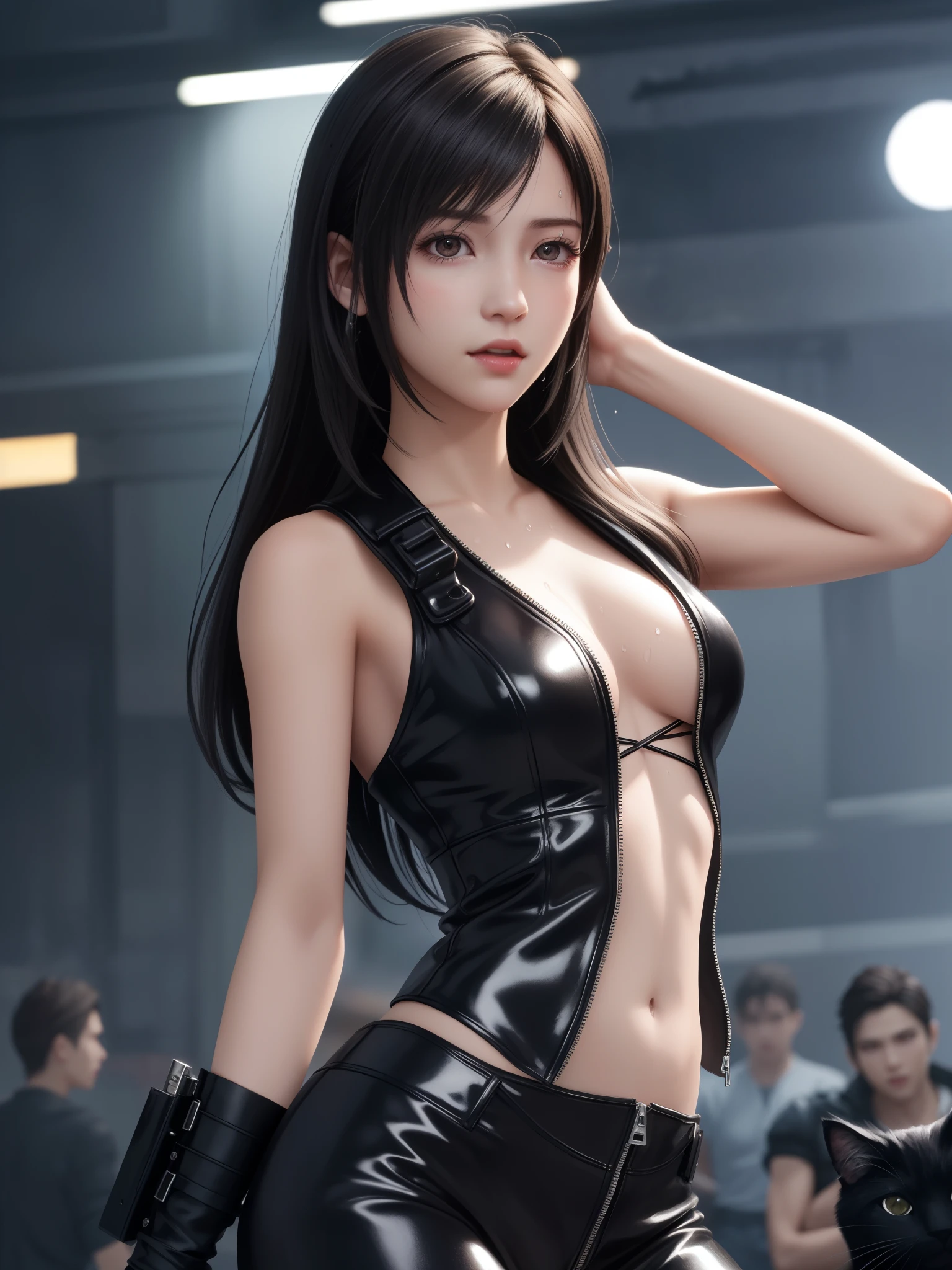 (Top Quality, Masterpiece: 1.1), (Realistic: 1.3), BREAK (((FF7,Tifa_lockhart))),(tifa_lockhart and monsters),(A dark, barely lit torture chamber:1.3,wet:1.2,night:1.1),(face focus:1.1),  BREAK (((FF7,Tifa_lockhart))),(Light Brown Hair, Large breasts: 1.2),(black catsuit:1.3,silver zip,zip down:1.9,bare navel:1.3), BREAK (((FF7,Tifa_lockhart))),(shiny oiled skin: 1.1),(crowd of monster:1.3),(many monsters:1.2),  ((stringy viscous liquid)),(no bra),(no panties),wet hair, about 18 years old,sensual,  (sweat on body:1.3),(erotic pose:1.2),I want to make love to you