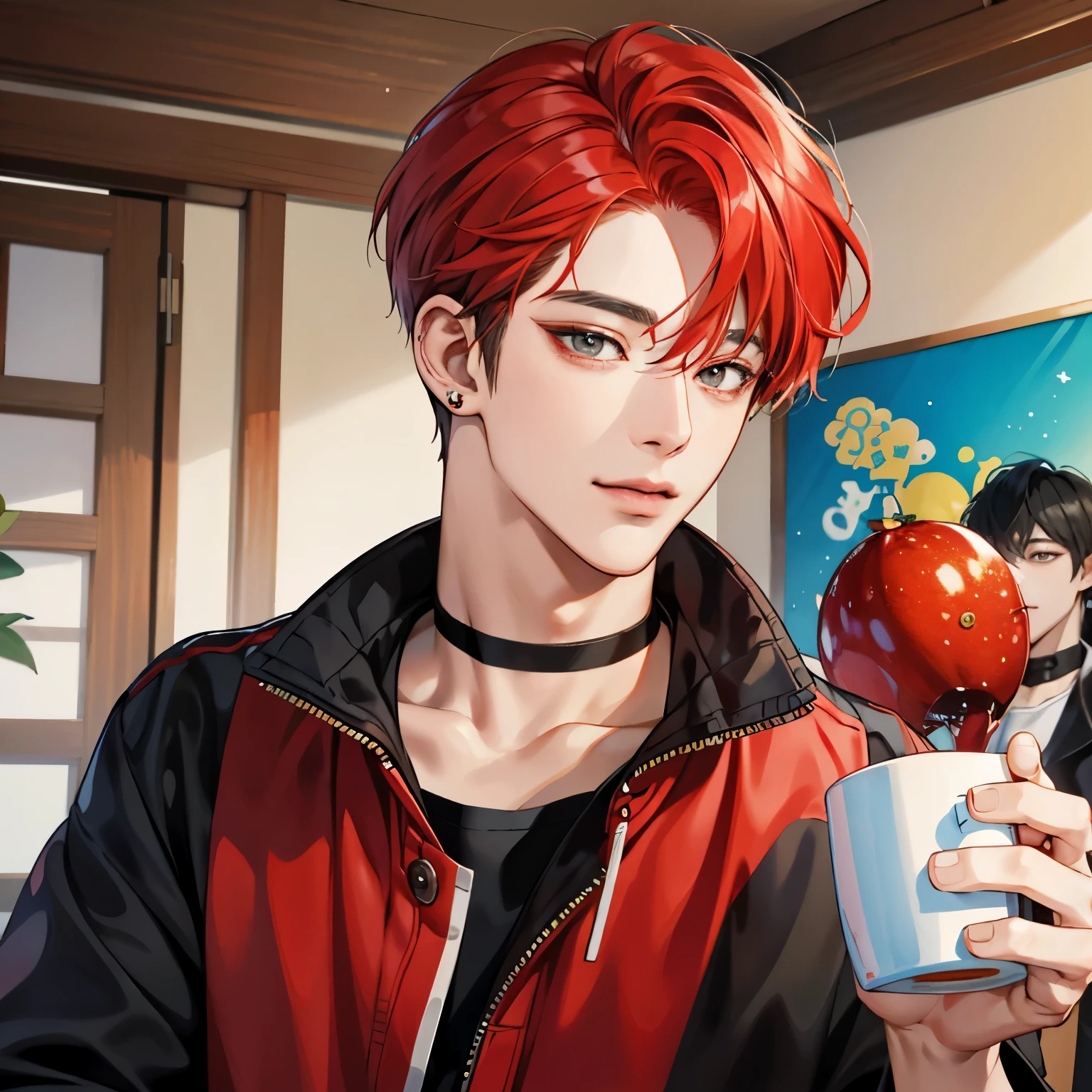 Guviz-style artwork,  anime realism style, realistic anime art style, Inspired by Kim Taehyung, In an anime style, anime handsome man, Red hair、A sloppy smile、choker、Multiple piercings、Man with short hair、One man、gray eyes、room、暖かいroom、Holding the mug with both hands、upward glance、Multiple piercings、Roomwear、red cheeks、upward glanceで見上げる、relaxed atmosphere、Inspired by Kim Taehyung、