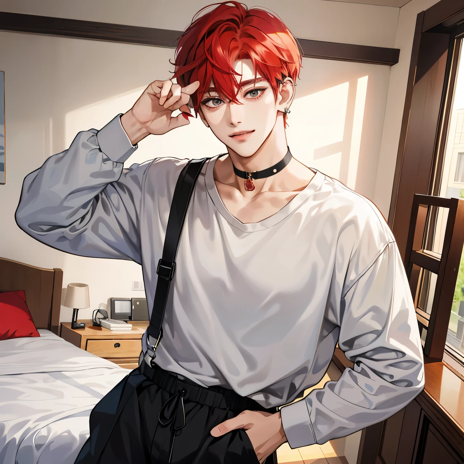 Guviz-style artwork, anime realism style, realistic anime art style, Inspired by Kim Taehyung, In an anime style, anime handsome man, Red hair、A sloppy smile、choker、Multiple piercings、Man with short hair、One man、gray eyes、room、暖かいroom、Holding the mug with both hands、upward glance、Multiple piercings、Roomwear、red cheeks、upward glanceで見上げる、relaxed atmosphere、Inspired by Kim Taehyung、