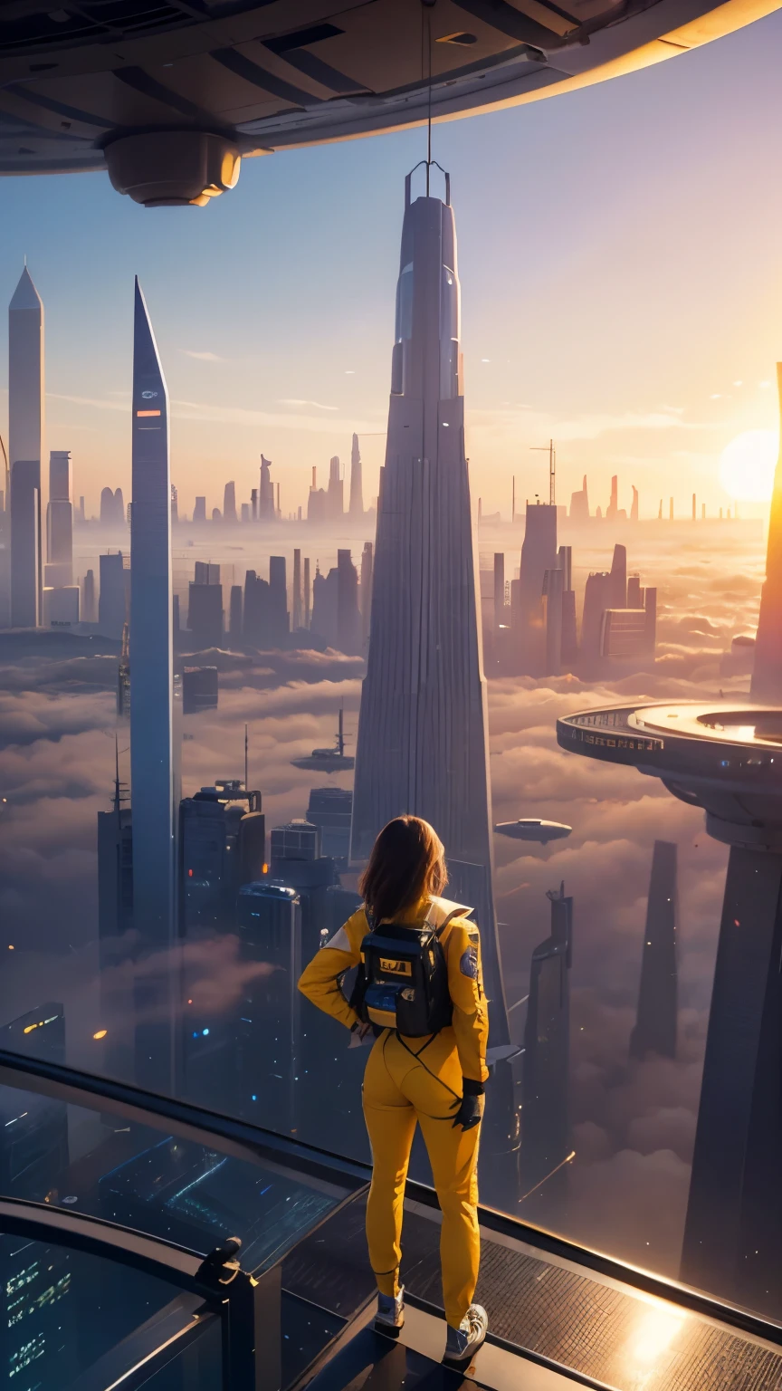 Influencer girl in yellow space suit on skywalk, glass bridge viewing floating city, in background show (Best quality,4K,8K,A high resolution,Masterpiece:1.2),Ultra-detailed,(Realistic,Photorealistic,photo-realistic:1.37),Futuristic floating city,Futuristic technology,Huge high-tech tablet platform,Floating in the sky,Futuristic city,Small airships around,High-tech hemispherical platform, city floating on lots of yellow clouds, city on top of dusty clouds, yellow clouds at bottom, golden orange yellow tones ,sunset, hot weather, girl standing on glass bridge enthusiasm, laughing smiling, girl in yellow spacesuit. capture venus terrains yellow and brown land, dusty environment, hot summer, desert weather.  view from standing on glass bridgebridge.  Title: A Utopian Metropolis in the Clouds Keywords: Majestic, Awe-inspiring, Futuristic, Whimsical, Celestial Description: This collection envisions a utopian sky city floating amidst the clouds. Featuring sweeping vistas, towering skyscrapers, and celestial dreamscapes, each piece paints a vision of an idyllic metropolis high above Earth. With an art style that combines futurism and whimsy, this series aims to capture the grandeur and wonder of an imaginary world suspended in the heavens. A city of boundless optimism, freedom and imagination. 
