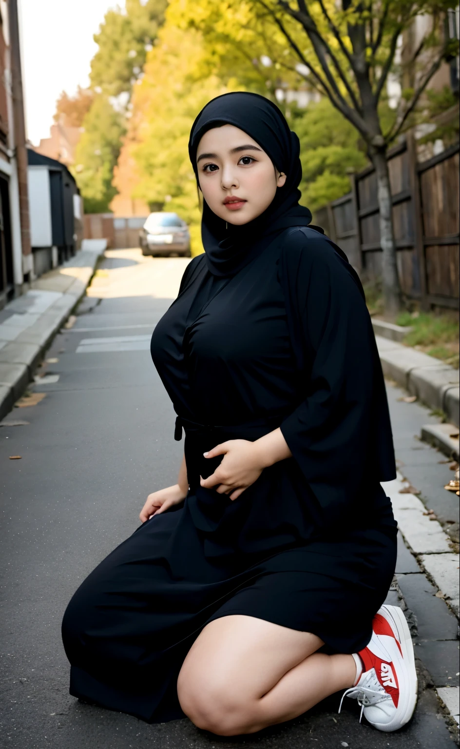 arafed woman in a black outfit Sitting in a chair on a sidewalk, hijab fashion model, hijabi outfit, thicc, hijab, korean woman, wearing black robe, asian woman, bbwchan, photograph of a techwear woman, hijab, wearing a black robe, woman in black robes, random pose, wearing dark robe, asian women, korean girl, red sneakers, chubby cheeks. Full body, , 35 years old, thick body, beautiful thick female, wide hips, thick legs, she has a jiggly fat round belly, thick thighs, curvy hourglass figure, thicc, curvy model, widest hips, hyperrealistic full figure, bbwchan, voluptuous body, thick, , hena on arm, hena in belly, , muslim clothes, 37 years woman. , chubby cheeks, 