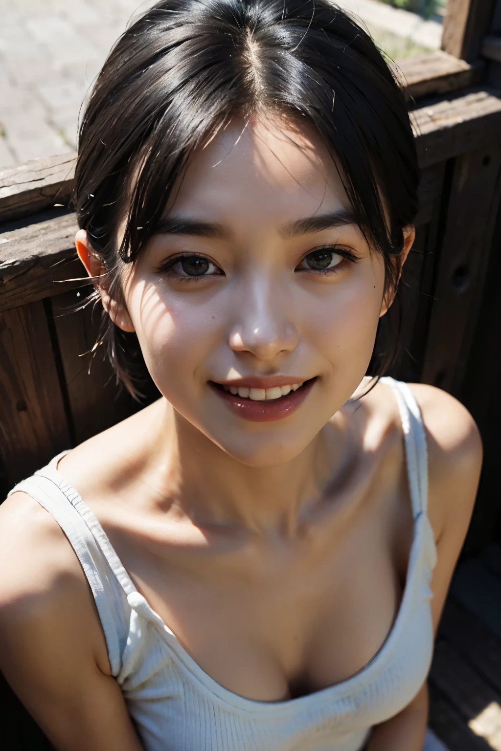 (highest quality、8K、32K、Masseter muscle part、nffsw:1.2)、From before、very short hair、profile、(slim body shape:1.2)、(lips) 、17 years old、White sleeveless knitwear、double eyelid、shiny skin、realistic rays of light、big、beautiful face、(laughter:1.3)、squat、(From above:1.2)、(Close-up:1.4)、blurred background、(front focus)、(dark: 1.6)、fantasy art、photo realistic、professional lighting、highly detailed face、award-winning、deep shadow、Cafe
