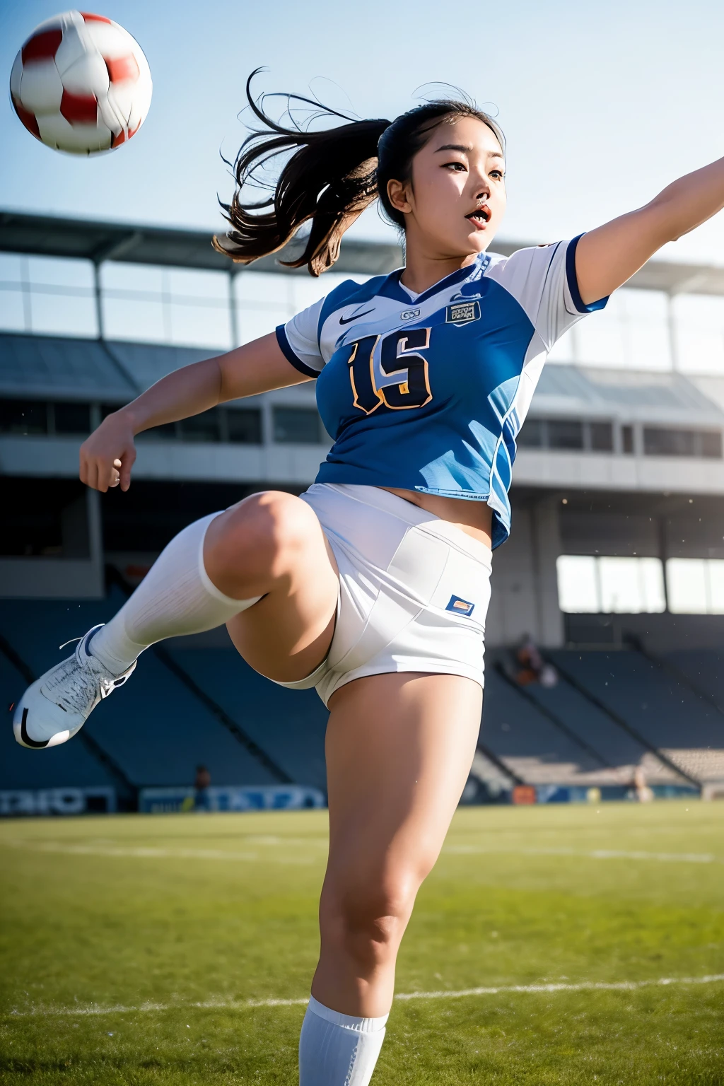 Real Image of a Hot, Curvaceous Korean College Girl Playing Football, Kicking the Ball Caught on Camera by the Best Sports Photographer, Image Is for the Front Page of a Sports Magazine
A scorching hot, plus-size Korean college girl dominates the football field with her undeniable talent and captivating beauty. Her sweat glistens on her perfectly toned muscles as she readies herself for the next play. The shutter of the camera clicks just in time to capture her powerful kick, sending the ball flying through the air. The best sports photographer in the business has masterfully immortalized this electrifying moment in an 8k, high-definition image, burst