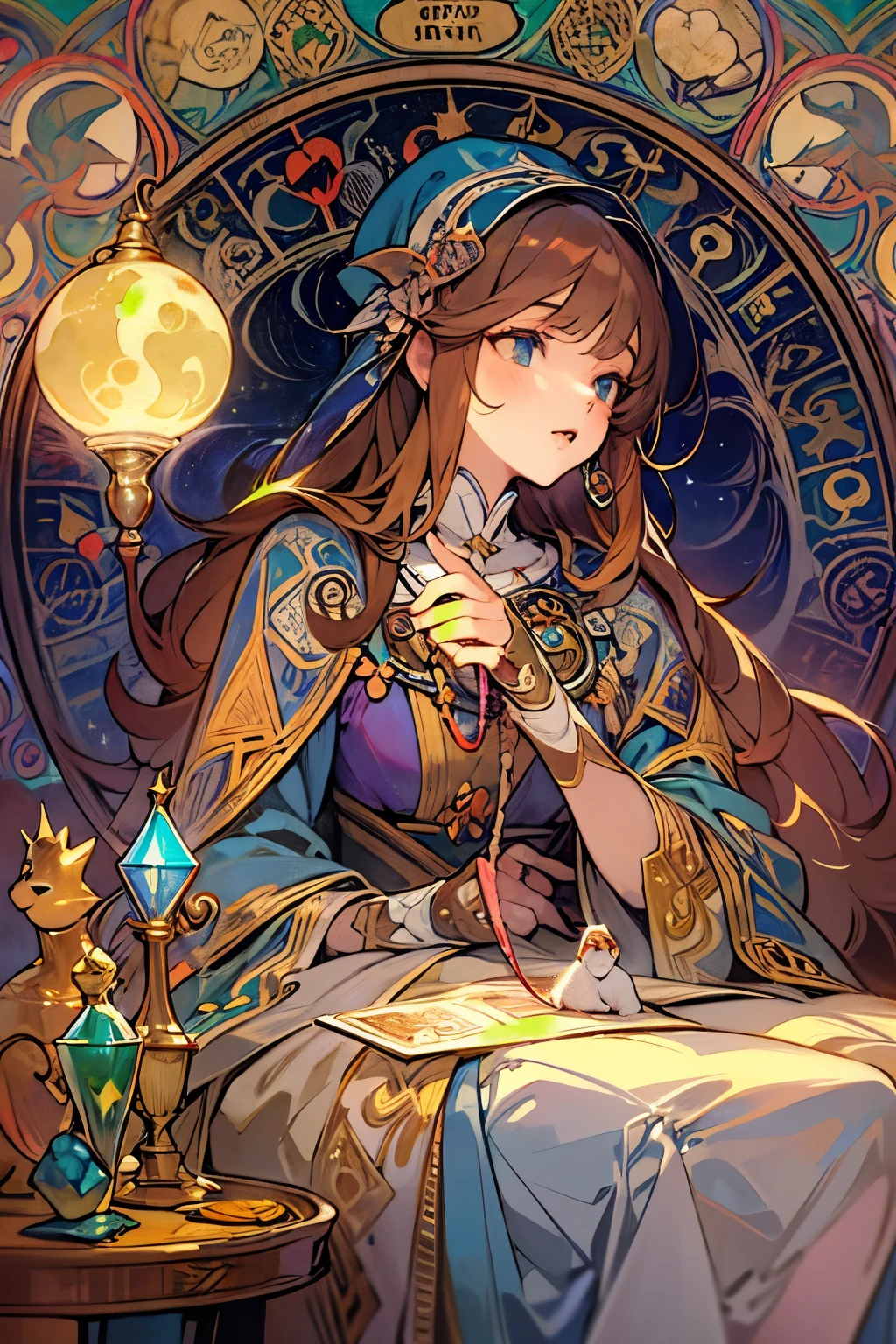 (masterpiece, highest quality, highest quality, official art, beautiful and aesthetic:1.2), (1Cat:1.3),  very detailed, portrait, Cat, alone, (whole body:0.6), detailed background, close, shining eyes,fortune teller, Mysterious, sitting at the table, colorful shoulderless loose gypsy fortune teller clothes, holy grail, crystal ball, Medieval (inner tent:1.1) background, tent curtains in background, dark Mysterious lighting, Shadow, magical atmosphere, starry night,, Dutch angle horoscope、Mysterious, Alphonse Mucha&#39;s Art Nouveau line, Art Nouveau line,　awesome full color,　watercolor painting　