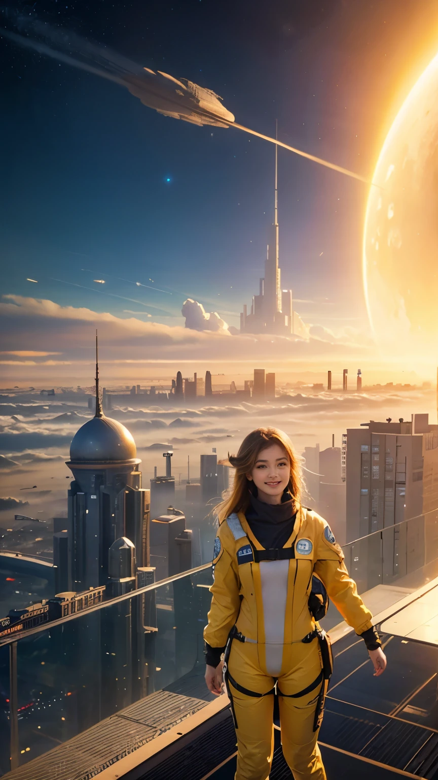 Influencer girl in yellow space suit on skywalk, glass bridge viewing floating city, in background show (Best quality,4K,8K,A high resolution,Masterpiece:1.2),Ultra-detailed,(Realistic,Photorealistic,photo-realistic:1.37),Futuristic floating city,Futuristic technology,Huge high-tech tablet platform,Floating in the sky,Futuristic city,Small airships around,High-tech hemispherical platform, city floating on lots of yellow clouds, city on top of dusty clouds, yellow clouds at bottom, golden orange yellow tones ,sunset, hot weather, girl standing on glass bridge enthusiasm, laughing smiling, girl in yellow spacesuit. capture venus terrains yellow and brown land, dusty environment, hot summer, desert weather. view from standing on glass bridgebridge. Title: A Utopian Metropolis in the Clouds Keywords: Majestic, Awe-inspiring, Futuristic, Whimsical, Celestial Description: This collection envisions a utopian sky city floating amidst the clouds. Featuring sweeping vistas, towering skyscrapers, and celestial dreamscapes, each piece paints a vision of an idyllic metropolis high above Earth. With an art style that combines futurism and whimsy, this series aims to capture the grandeur and wonder of an imaginary world suspended in the heavens. A city of boundless optimism, freedom and imagination.
