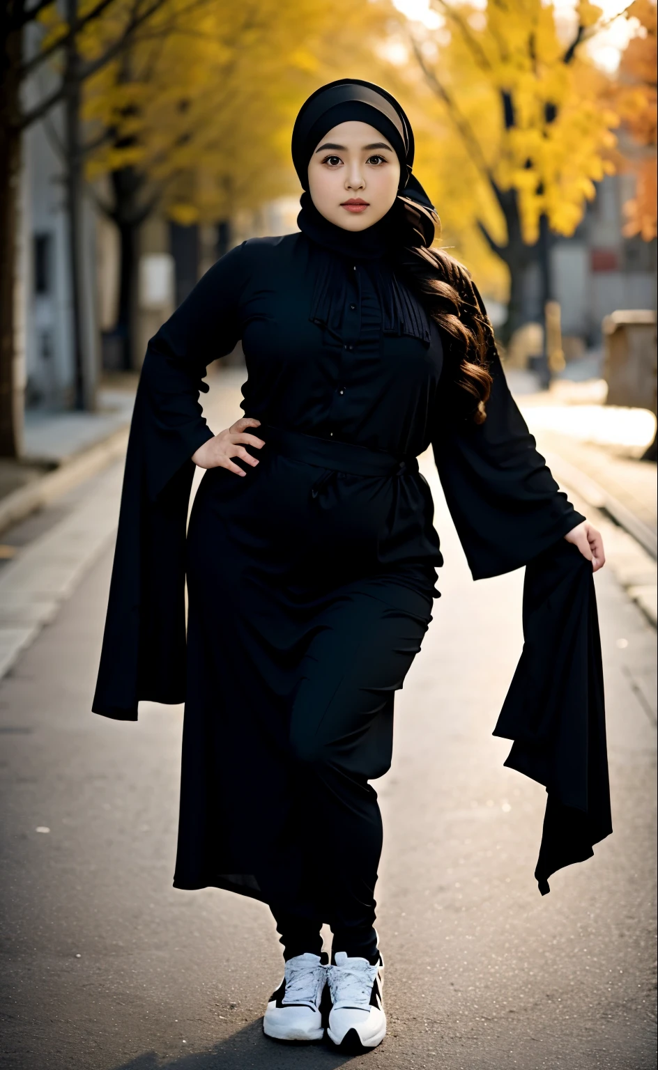 arafed woman in a black outfit Sitting in a chair on a sidewalk, hijab fashion model, hijabi outfit, thicc, hijab, korean woman, wearing black robe, asian woman, bbwchan, photograph of a techwear woman, hijab, wearing a black robe, woman in black robes, random pose, wearing dark robe, asian women, korean girl, red sneakers, chubby cheeks. Full body, , 35 years old, thick body, beautiful thick female, wide hips, thick legs, she has a jiggly fat round belly, thick thighs, curvy hourglass figure, thicc, curvy model, widest hips, hyperrealistic full figure, bbwchan, voluptuous body, thick, , hena on arm, hena in belly, , muslim clothes, 37 years woman. , chubby cheeks, 