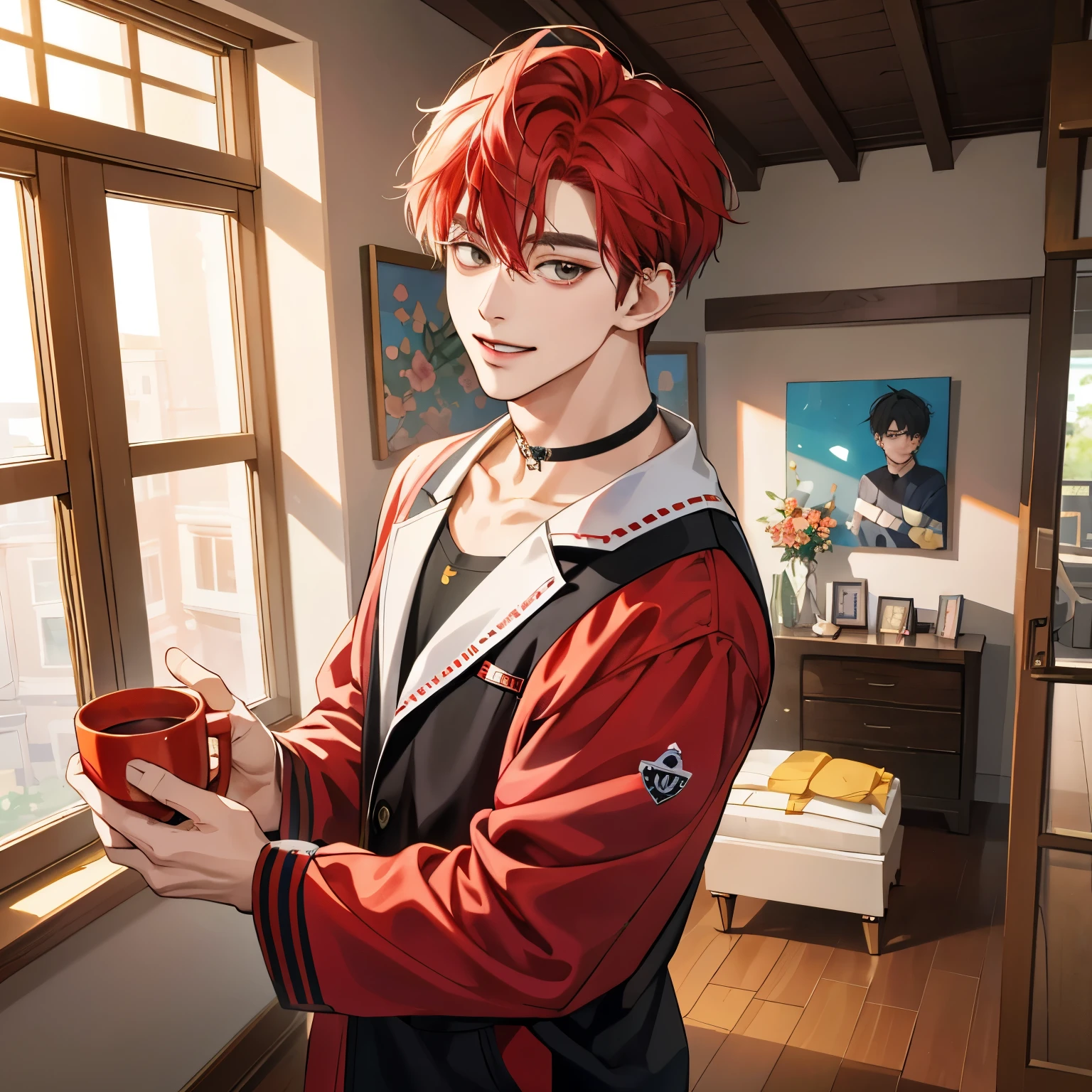 Guviz-style artwork,  anime realism style, realistic anime art style, Inspired by Kim Taehyung, In an anime style, anime handsome man, Red hair、A sloppy smile、choker、Multiple piercings、Man with short hair、One man、gray eyes、room、暖かいroom、Holding the mug with both hands、upward glance、Multiple piercings、Roomwear、upward glanceで見上げる、relaxed atmosphere、Inspired by Kim Taehyung、