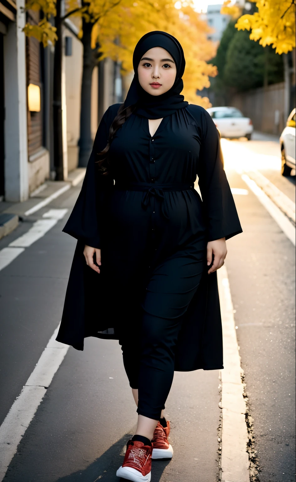 arafed woman in a black outfit Sitting in a chair on a sidewalk, hijab fashion model, hijabi outfit, thicc, hijab, korean woman, wearing black robe, asian woman, bbwchan, photograph of a techwear woman, hijab, wearing a black robe, woman in black robes, random pose, wearing dark robe, asian women, korean girl, red sneakers, chubby cheeks. Full body, , 35 years old, thick body, beautiful thick female, wide hips, thick legs, she has a jiggly fat round belly, thick thighs, curvy hourglass figure, thicc, curvy model, widest hips, hyperrealistic full figure, bbwchan, voluptuous body, thick, , hena on arm, hena in belly, , muslim clothes, 37 years woman. , chubby cheeks,