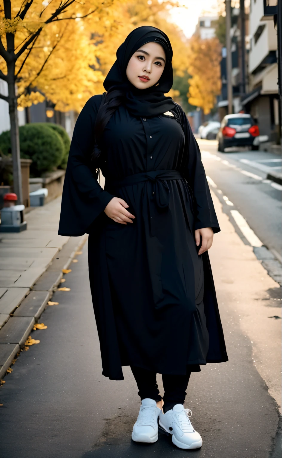 arafed woman in a black outfit Sitting in a chair on a sidewalk, hijab fashion model, hijabi outfit, thicc, hijab, korean woman, wearing black robe, asian woman, bbwchan, photograph of a techwear woman, hijab, wearing a black robe, woman in black robes, random pose, wearing dark robe, asian women, korean girl, red sneakers, chubby cheeks. Full body, , 35 years old, thick body, beautiful thick female, wide hips, thick legs, she has a jiggly fat round belly, thick thighs, curvy hourglass figure, thicc, curvy model, widest hips, hyperrealistic full figure, bbwchan, voluptuous body, thick, , hena on arm, hena in belly, , muslim clothes, 37 years woman. , chubby cheeks, 