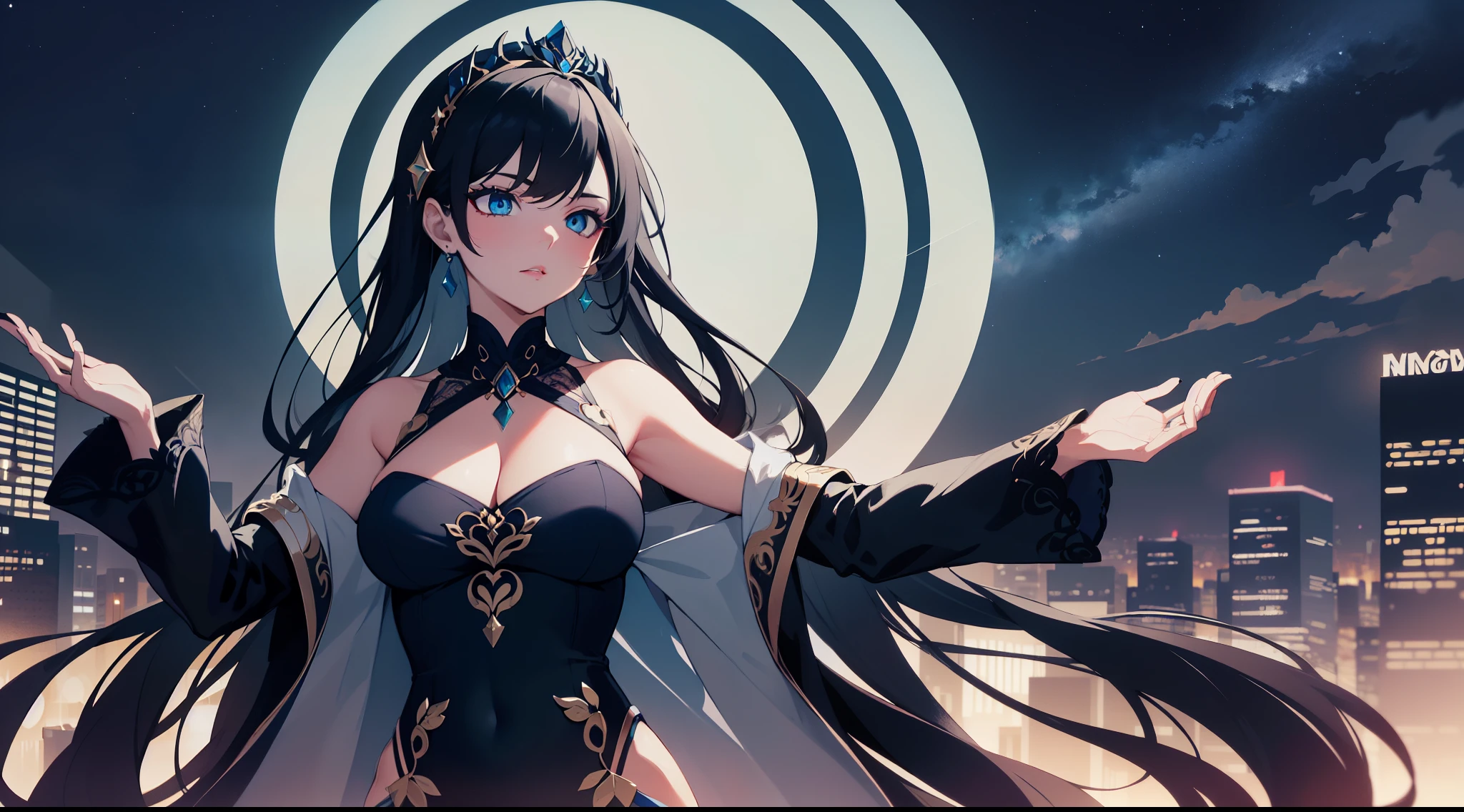 "Epic nightsky of a futuristic city filled with symphonies and music; a stunning 4k artwork showcases a mature female with black hair adorned with intricate decorations. Awesome Blue and white outfit. Her captivating blue eyes reveal her identity as the goddess of symphony, yet she exudes an air of laziness in her demeanor."