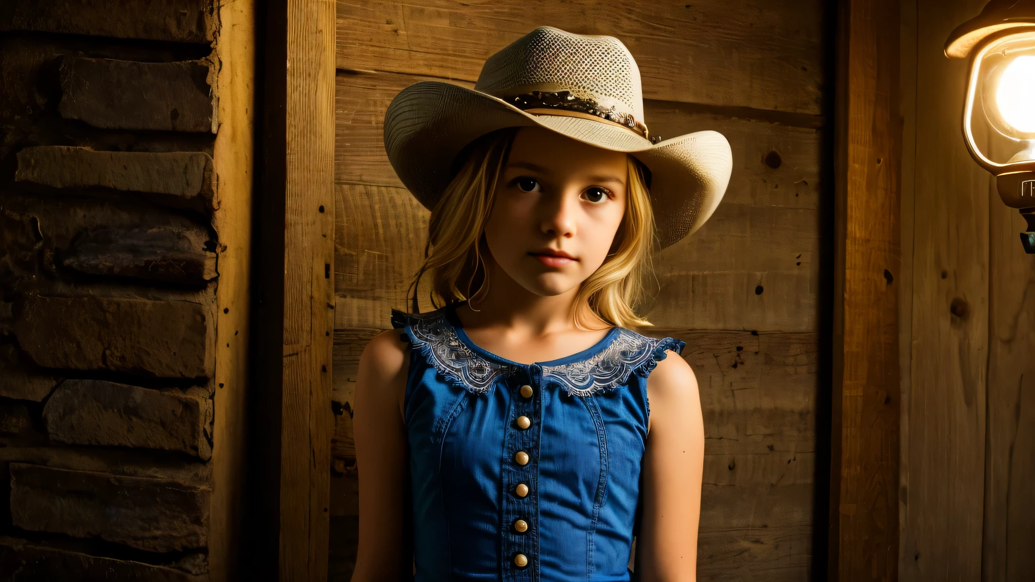 BLOND kids girl in a cowboy hat holding a flashlight GREEN light , segurando uma lanterna com laser verde, Vaqueira, sob lanterna, Cowgirl ocidental, vestido como um xerife ocidental, vaca-, jovem em roupas steampunk, Female cowgirl, , Directed by: Linda Sutton, barnet, Uplighting, foto da , wearing a cowboy hat, next gen, retrato robusta
