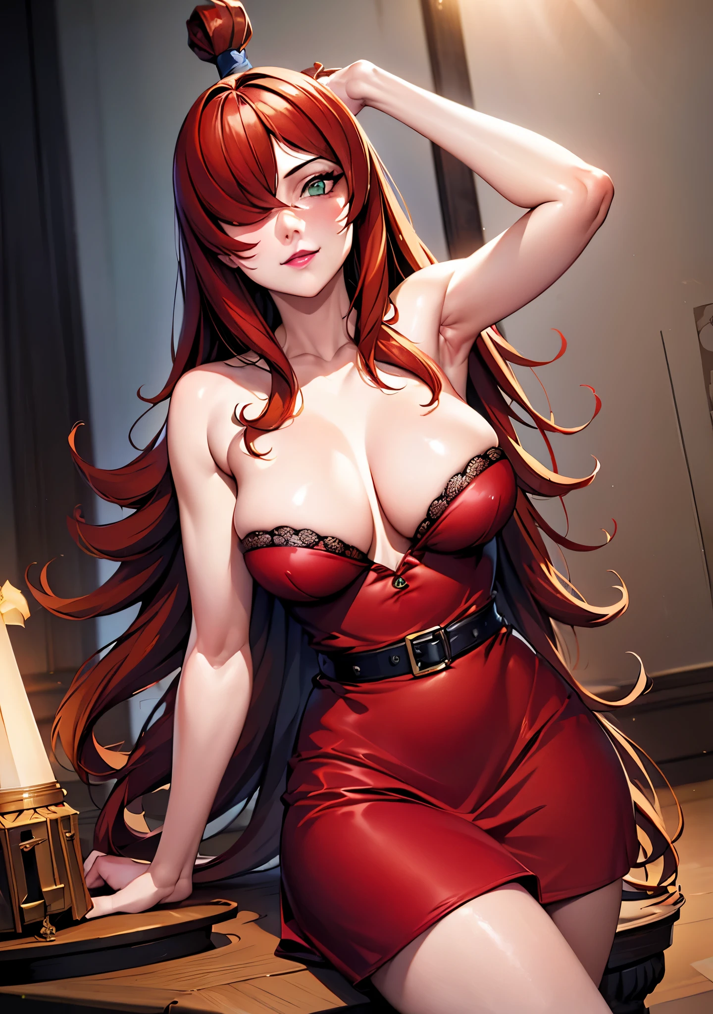 (red lingerie), bedroom background, sexy pose, want to fuck, very tempting girl, mei_terumi, super atractive girl, very tempting girl, long hair, brown hair, green eyes, ((hair over one eye)), lipstick, 1 girl, 20yo,Young female,Beautiful Finger,Beautiful long legs,Beautiful body, Beautiful Nose,Beautiful character design, perfect eyes, perfect face,expressive eyes, perfect balance, looking at viewer,(Focus on her face), official art,extremely detailed CG unity 8k wallpaper, perfect lighting,Colorful, Bright_Front_face_Lighting,White skin, (masterpiece:1.0),(best_quality:1.0), ultra high res,4K,ultra-detailed, photography, 8K, HDR, highres, absurdres:1.2, Kodak portra 400, film grain, bokeh:1.2, lens flare, (vibrant_color:1.2),professional photograph, (Beautiful,medium_Breasts:1.4), (beautiful_face:1.5), very detailed face