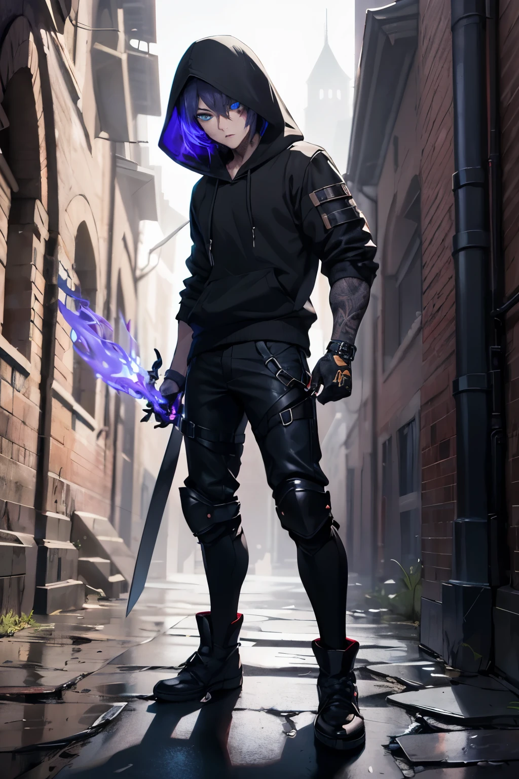 (extremely detailed 8k wallpaper), a full body shot photo of a fearful young rogue, male, male focus, black hair, blue eyes, black clothing, hooded, medieval, intricate, high detail, with a shadow blade in his hand with purple fire