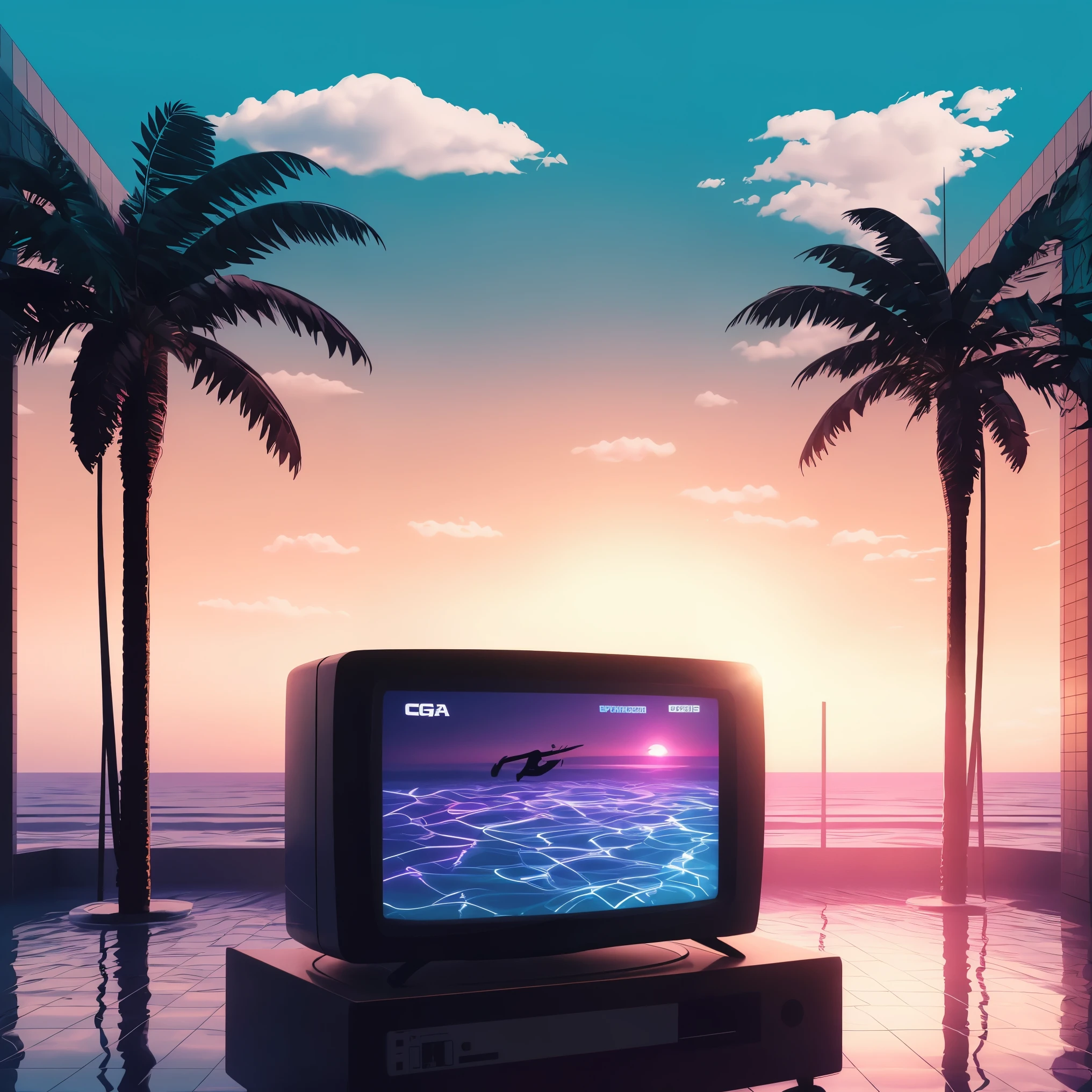 ((realistic)), VaporWaveV1, ((scanlines)), (old television), ((static)), ((pixel graphics)), computer-generated landscape, ((cga)), ((ega)), (vga), ((8 0 s)), computer, ocean, sky, loft apartment, statue, ((sunset)), clock, ((neat lines)), pool, plant, high detail, skyline in background, panoramic, Agnes Cecile, colorful, Carne Griffiths, hyper dramatic,