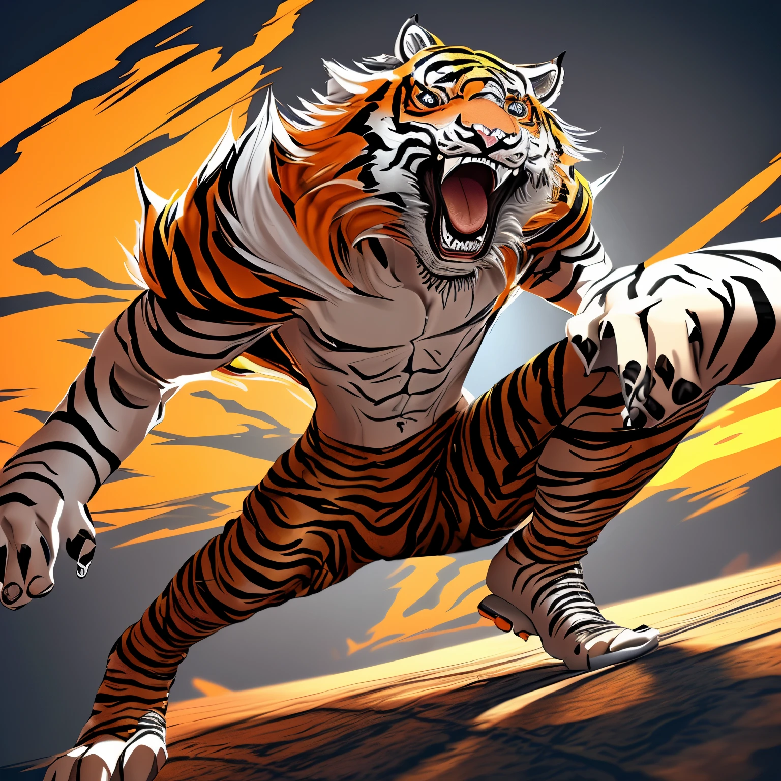 (a boy with flowing hair and piercing orange eyes),(a fierce tiger mutant),(a dynamic and charismatic vtuber),(3D rendering and digital art medium),(vibrant colors and a surreal atmosphere),(best quality, high resolution, detailed),(anime style),(bright and energetic lighting)