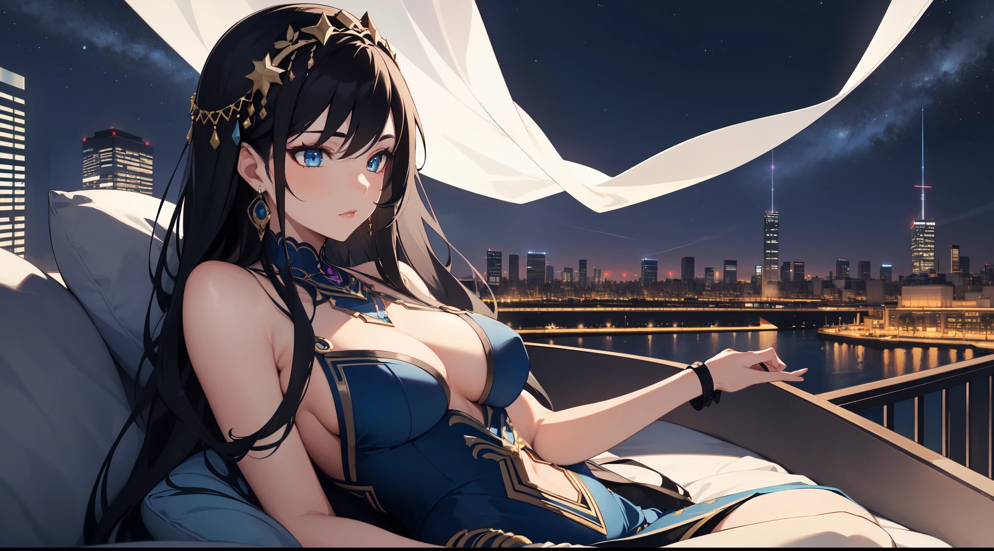 "Epic nightsky of a futuristic city filled with symphonies and music; a stunning 4k artwork showcases a mature female with black hair adorned with intricate decorations. Awesome Blue and white outfit. Her captivating blue eyes reveal her identity as the goddess of symphony, yet she exudes an air of laziness in her demeanor.", best quality