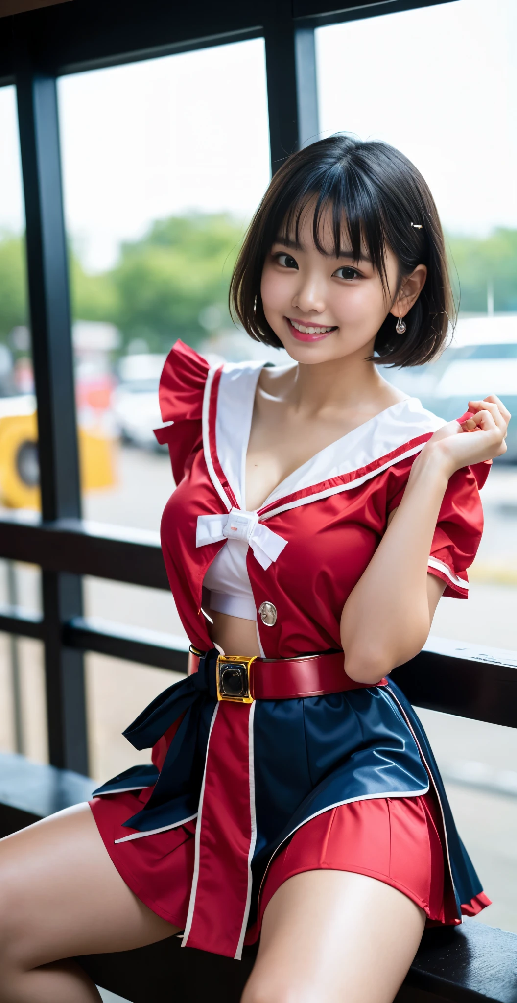 （8K、Raw photography、highest quality、masterpiece：1.2),(black haired、very short hair:1.7),show viewer,Looking at the front,erotic,(super sentai series、She is wearing a red Precure costume.:1.6)、(Clothing that emphasizes the shape of your chest:1.3)、(big breasts :1.3)、slim body shape、ultra high resolution,beautiful,beautiful fece,(alone, alone、no background:1.9),whole bodyボディー,、(black eye、japanese woman: 1.3),（Photoreal：1.37）、photon mapping,reality、(Cute with a : 1.1)、(cute smile: 1.7)、(With a round face: 1.8)、radio city、Physically based rendering、depth of field rally background、photograph, (I can see your knees,close up of thighs、blue skirt is too short、spread your legs、showing off white panties:1.1),whole body、super fine