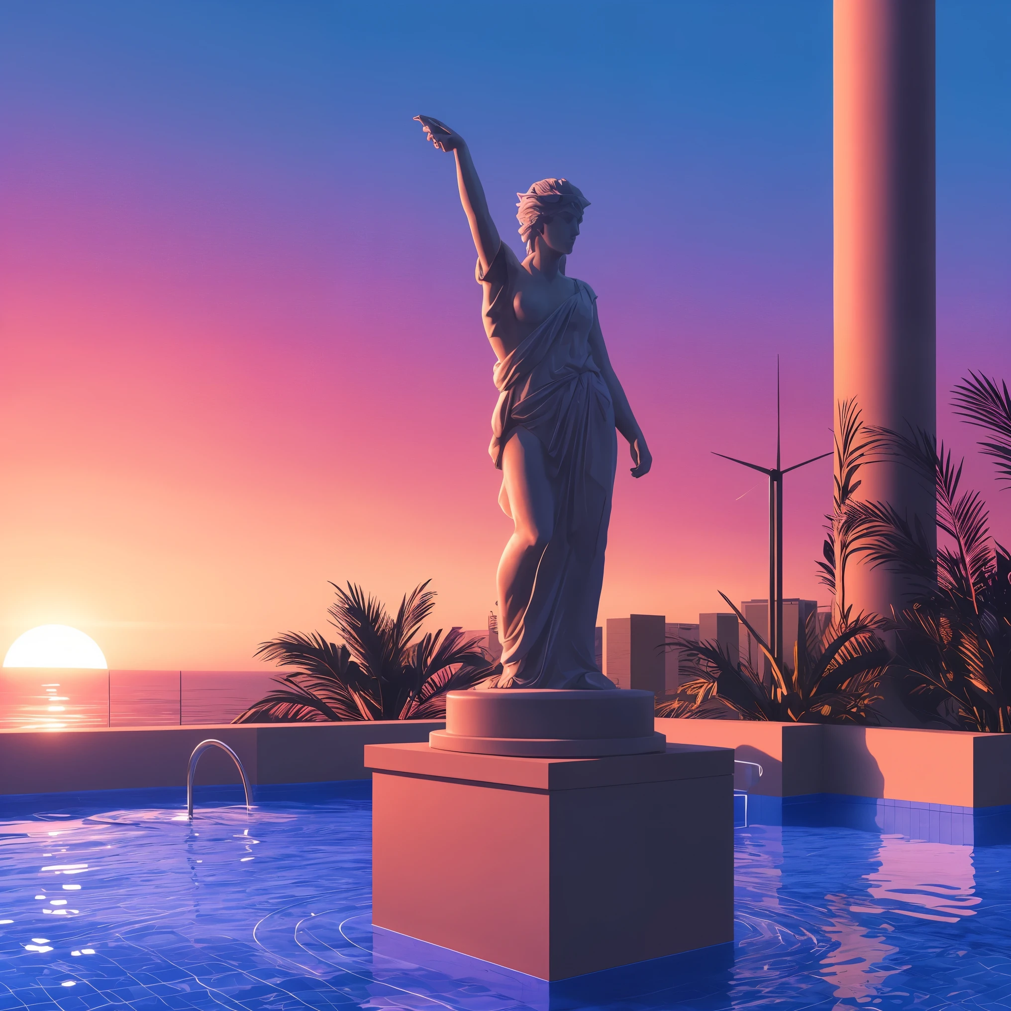 ((realistic)), VaporWaveV1, ((scanlines)), (old television), ((static)), ((pixel graphics)), computer-generated landscape, ((cga)), ((ega)), (vga), ((8 0 s)), computer, ocean, sky, loft apartment, statue, ((sunset)), clock, ((neat lines)), pool, plant, high detail, skyline in background, panoramic, Agnes Cecile, colorful, Carne Griffiths, hyper dramatic,