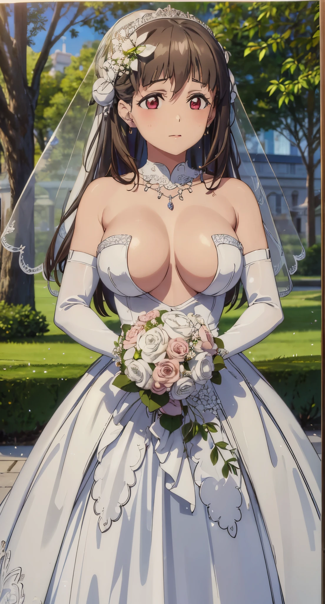 (((Pixel perfect, Perfect details))), alone, 1 girl, Lan Qianli,
1 girl, 20 years old,young women,Close-up of beautiful bride wearing beautiful bridal dress,Guwitz,(Transparent short veil:1.5),Blushed,Head flower,headgear,(bandeau wedding dress:1.5),(Silk dress:1.2),(Strapless wedding dress:1.5),pure white dress,necklace,earrings,(large breasts:1.3),Deep V peach heart collar wedding dress,through bangs,lipstick,(lace gloves:1.3),