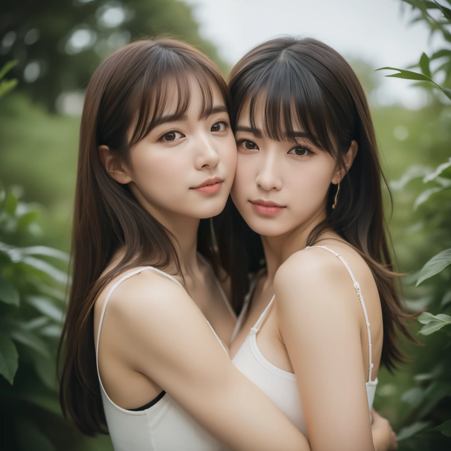 abrazando a un oso、hugging each other、perfil、posing gravure idol、((de primera calidad、8k、masterpiece:1.3))、raw photography、mujer rubia y mujer pelinegra