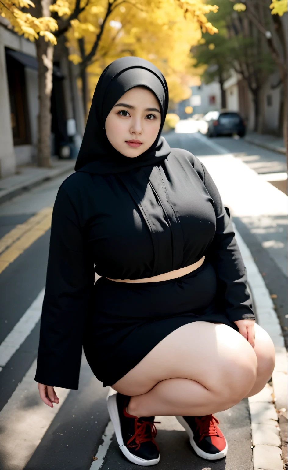 arafed woman in a black outfit Sitting in a chair on a sidewalk, hijab fashion model, hijabi outfit, thicc, hijab, korean woman, wearing black robe, asian woman, bbwchan, photograph of a techwear woman, hijab, wearing a black robe, woman in black robes, random pose, wearing dark robe, asian women, korean girl, red sneakers, chubby cheeks. Full body, , 35 years old, thick body, beautiful thick female, wide hips, thick legs, she has a jiggly fat round belly, thick thighs, curvy hourglass figure, thicc, curvy model, widest hips, hyperrealistic full figure, bbwchan, voluptuous body, thick, , hena on arm, hena in belly, , muslim clothes, 37 years woman. , chubby cheeks, 