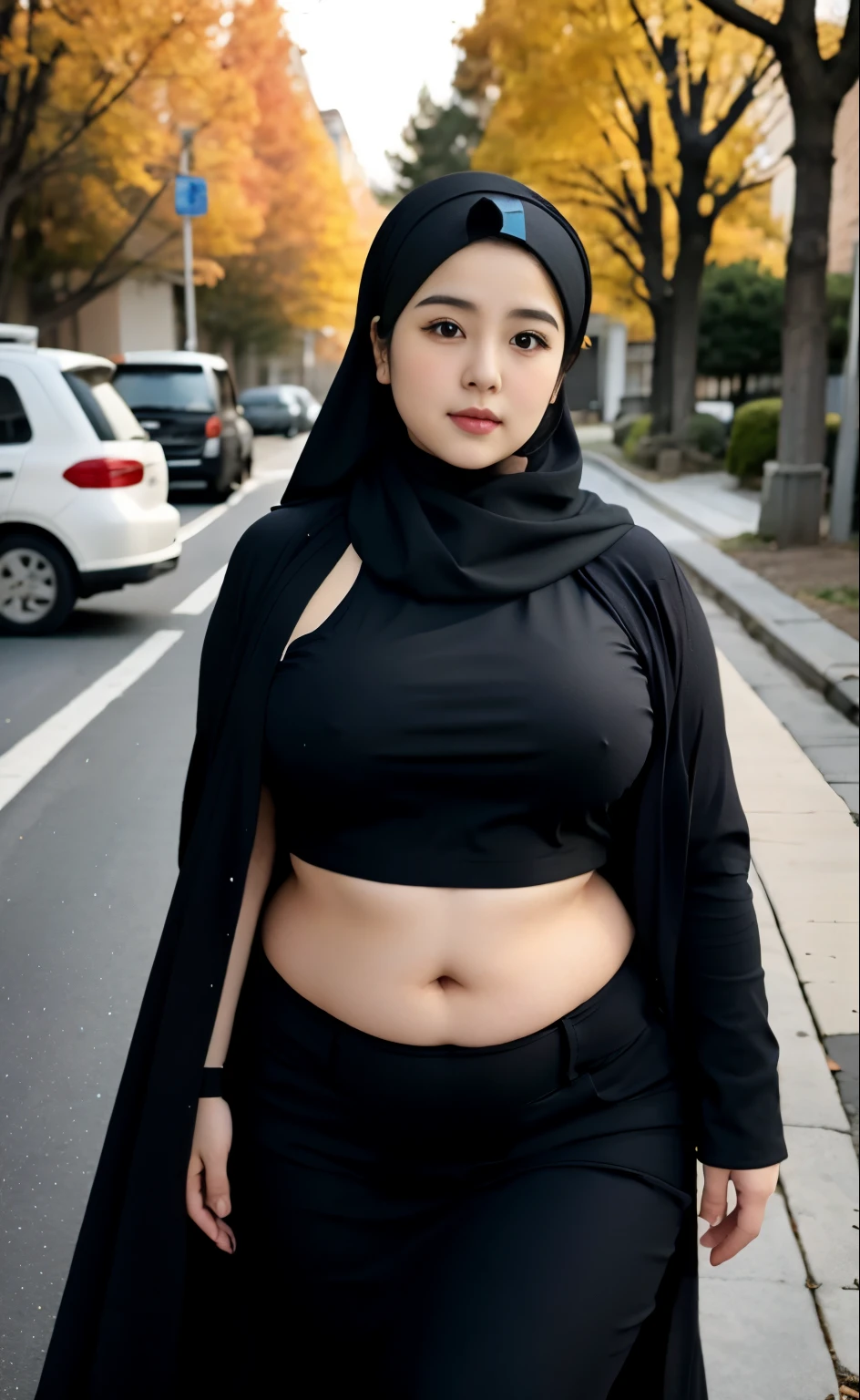 arafed woman in a black outfit Sitting in a chair on a sidewalk, hijab fashion model, hijabi outfit, thicc, hijab, korean woman, wearing black robe, asian woman, bbwchan, photograph of a techwear woman, hijab, wearing a black robe, woman in black robes, random pose, wearing dark robe, asian women, korean girl, red sneakers, chubby cheeks. Full body, , 35 years old, thick body, beautiful thick female, wide hips, thick legs, she has a jiggly fat round belly, thick thighs, curvy hourglass figure, thicc, curvy model, widest hips, hyperrealistic full figure, bbwchan, voluptuous body, thick, , hena on arm, hena in belly, , muslim clothes, 37 years woman. , chubby cheeks,