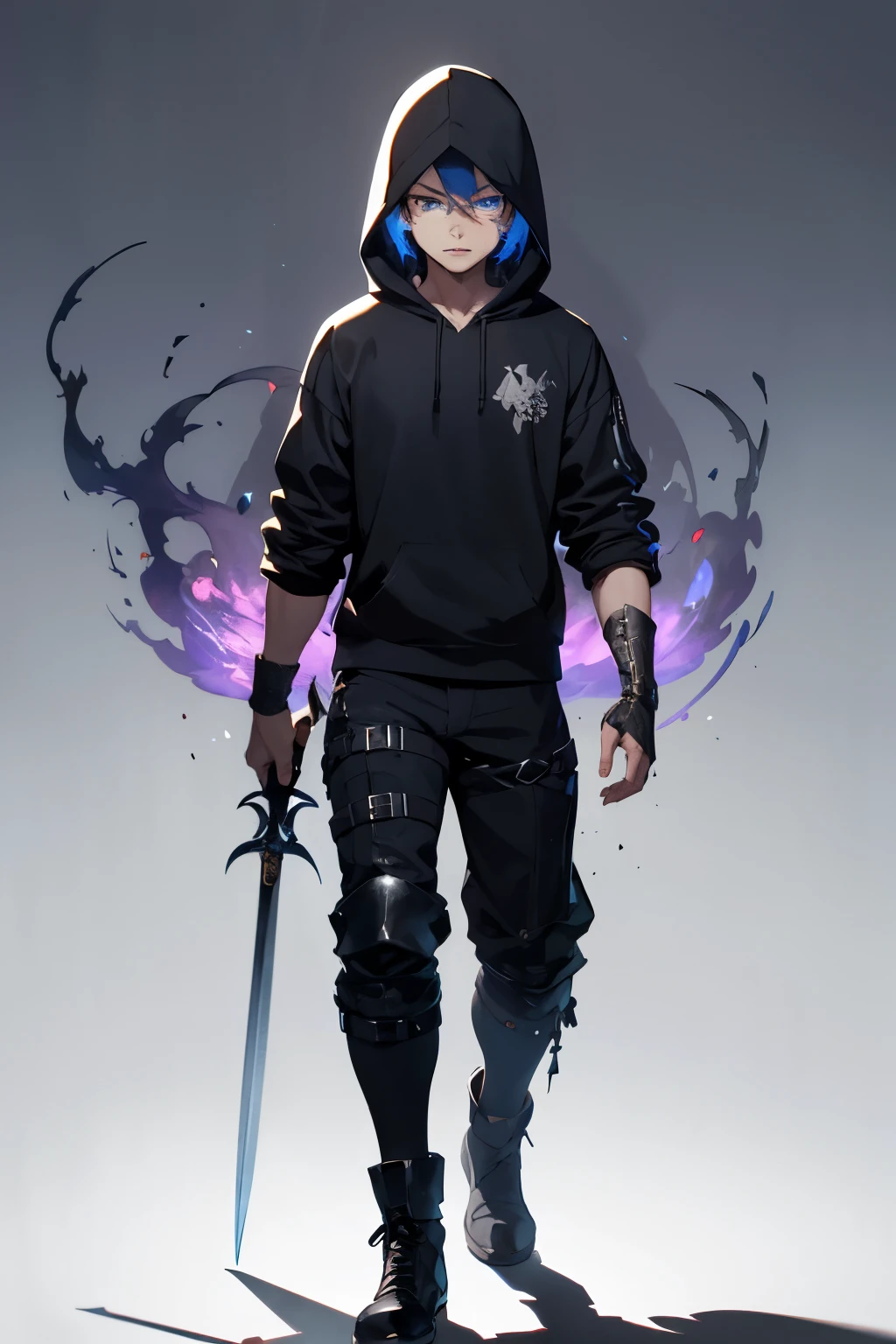 (extremely detailed 8k wallpaper), a full body shot photo of a fearful young rogue, male, male focus, black hair, blue eyes, black clothing, hooded, medieval, intricate, high detail, with a shadow blade in his hand with purple fire