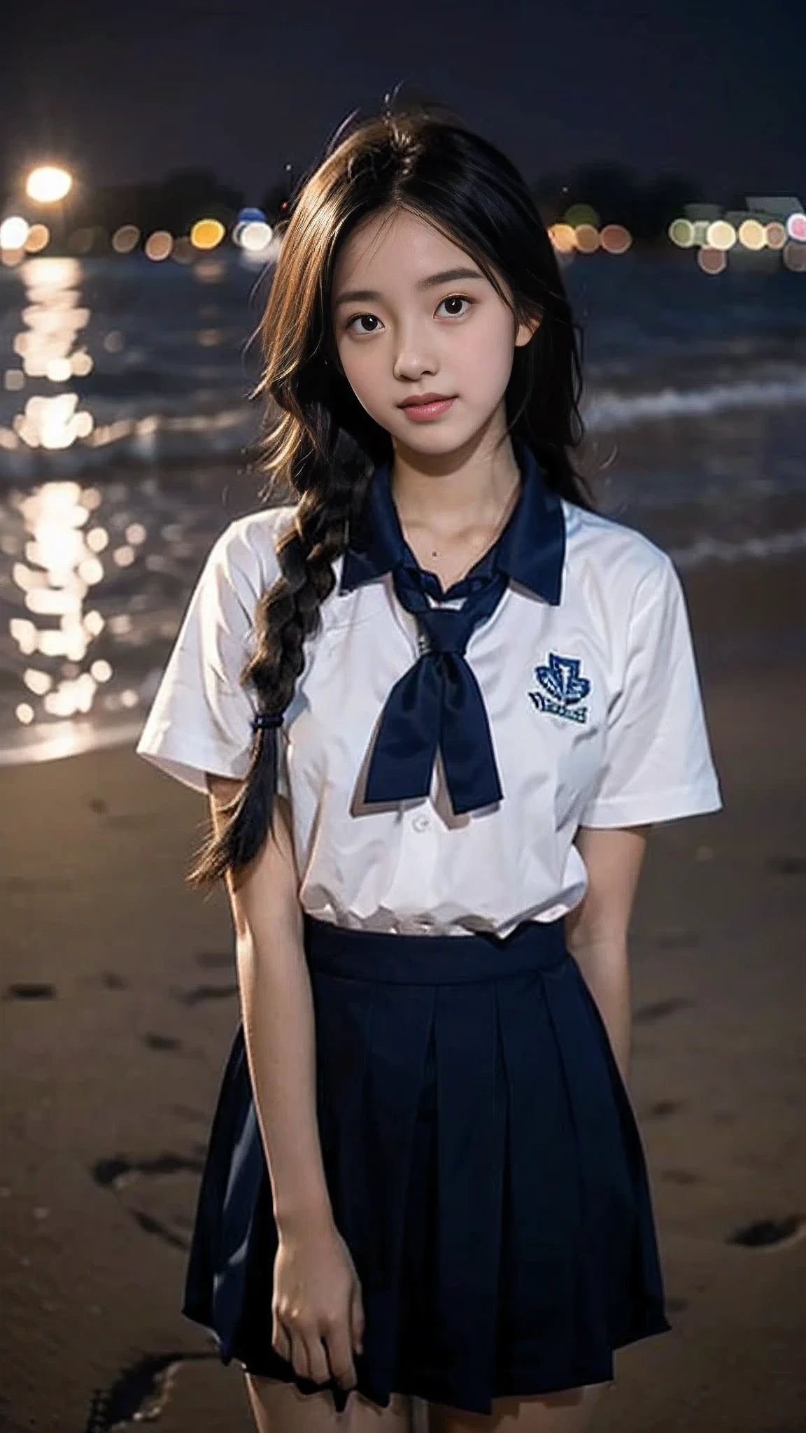 First-person perspective,A female high school student,seaside,night,uniform,Lovely,Twist braids