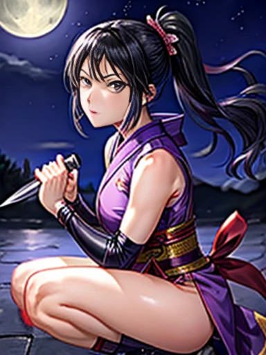 Kunoichi、sleeveless、Purple costume、holding a small knife in reverse hand、get down on one knee、whole body expression、Moonlit night in the background