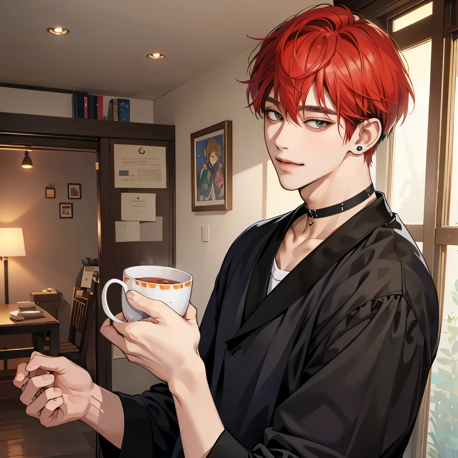Guviz-style artwork, anime realism style, realistic anime art style, Inspired by Kim Taehyung, In an anime style, anime handsome man, Red hair、A sloppy smile、choker、Multiple piercings、Man with short hair、One man、gray eyes、room、暖かいroom、Holding the mug with both hands、upward glance、Multiple piercings、Roomwear、upward glanceでこちらを見上げる、relaxed atmosphere、Inspired by Kim Taehyung、Lovely atmosphere