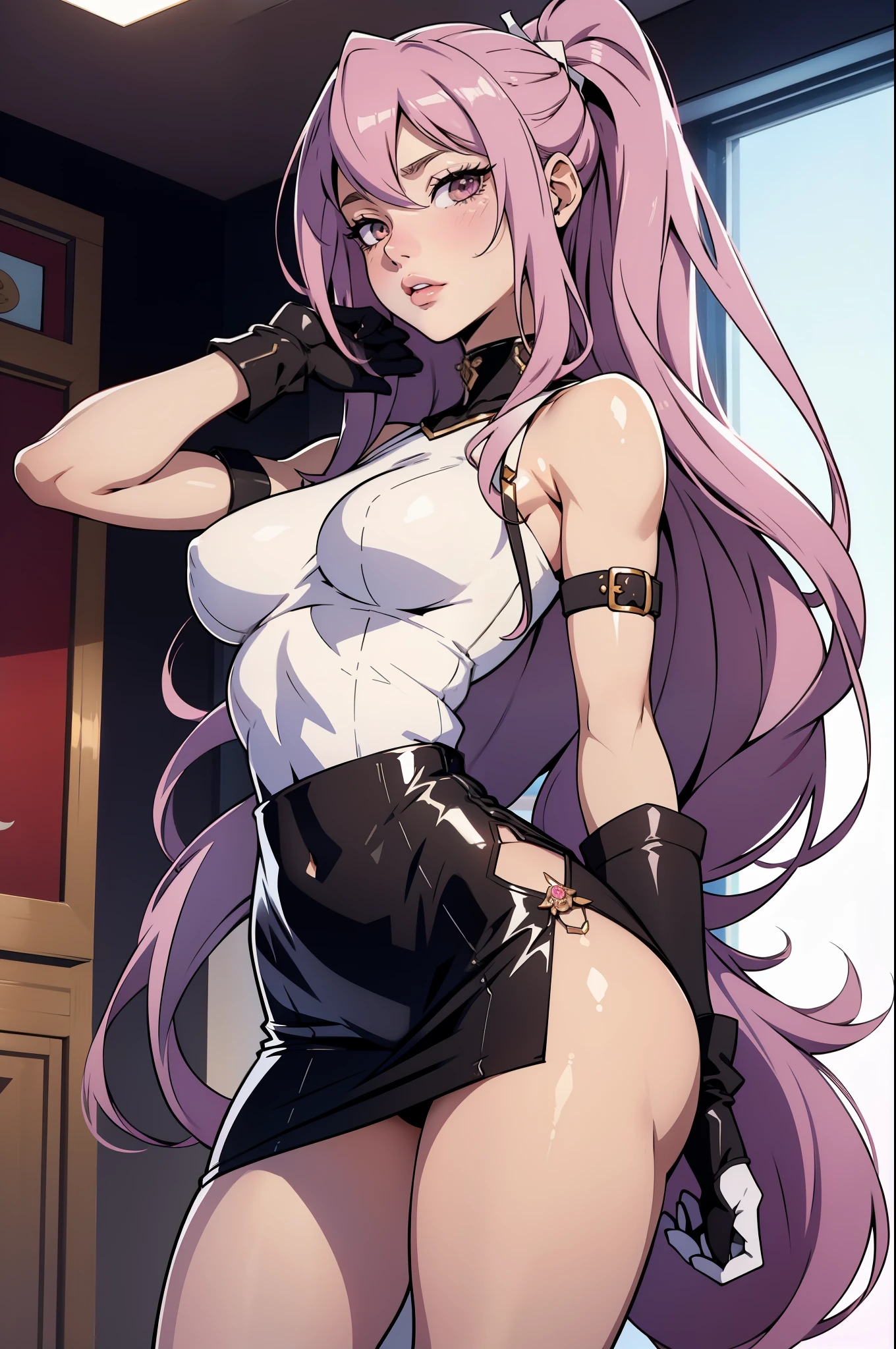 White gloves, long hair, Rose hair, A face as beautiful as Lisa blackpink, Juicy body, Mature girls, Wearing a school miniskirt, sexy pose, Medium but exciting breasts,