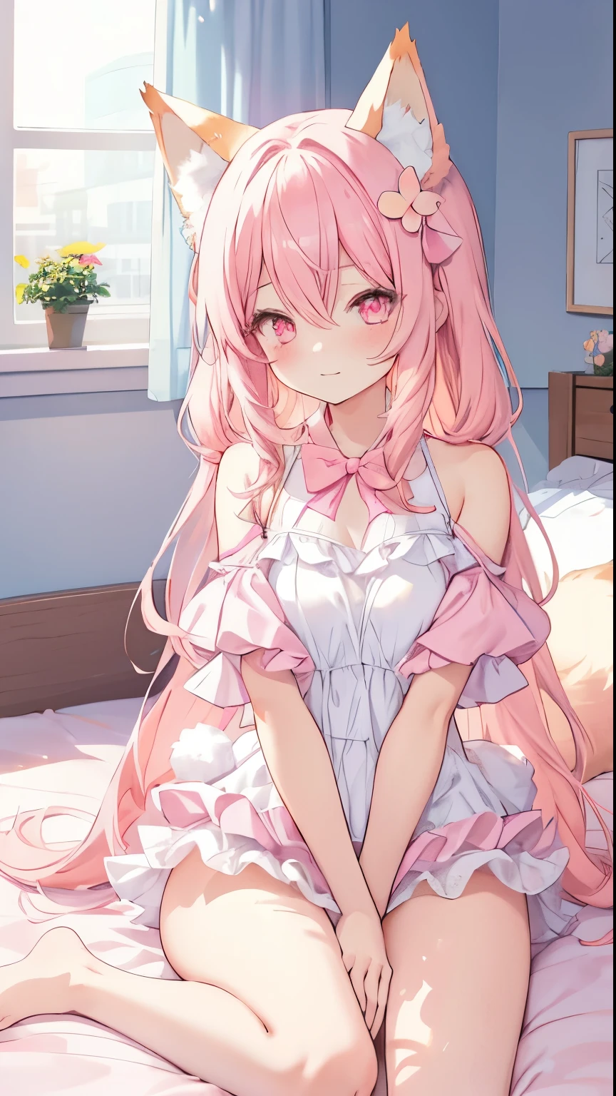 Beautiful illustration, best quality, cute girl, bedroom, pastel colors, furry fox ears, , long pink hair, bright lights, Pale pink eyes,swimsuit