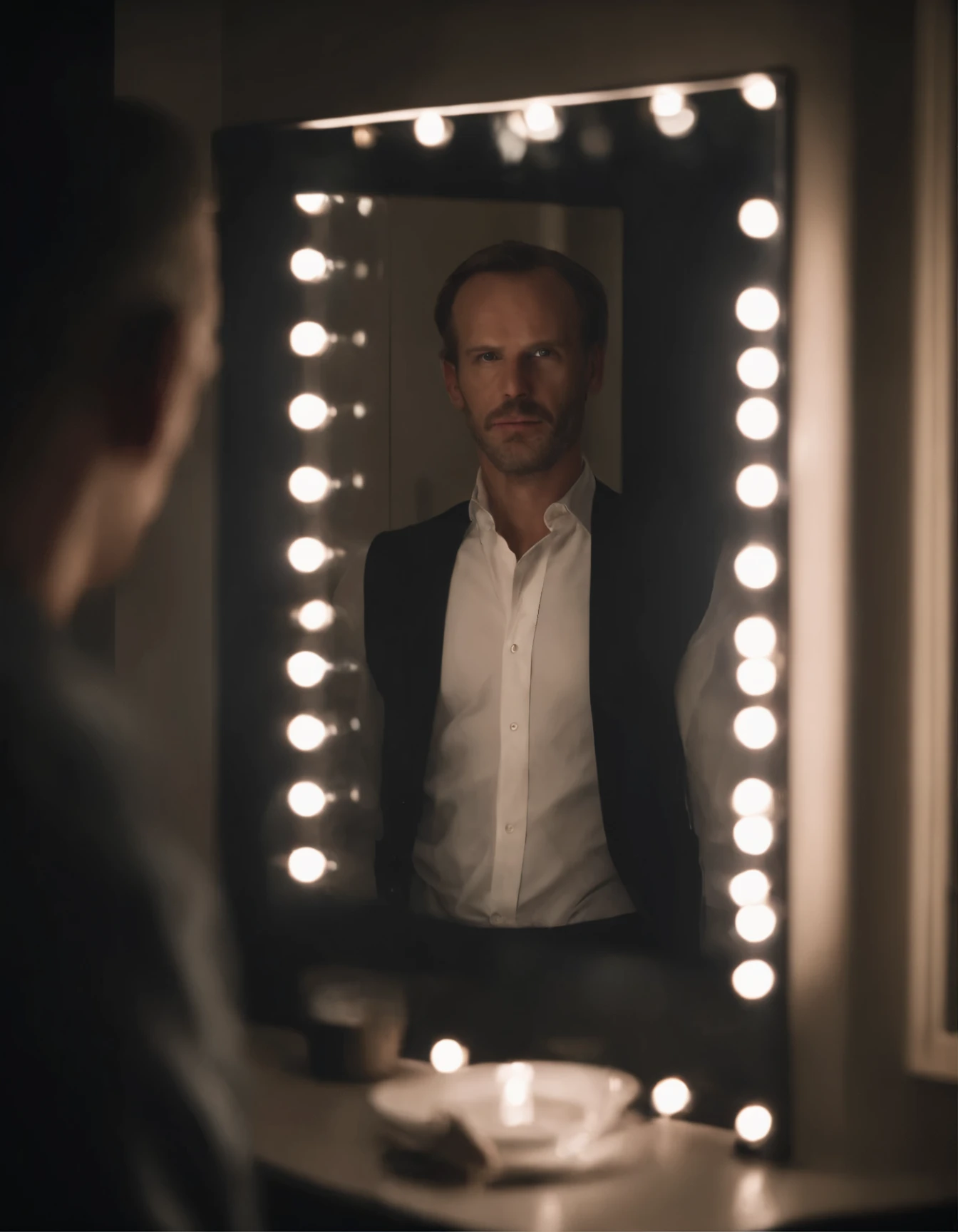 thin white man, dressed, checking himself in the mirror