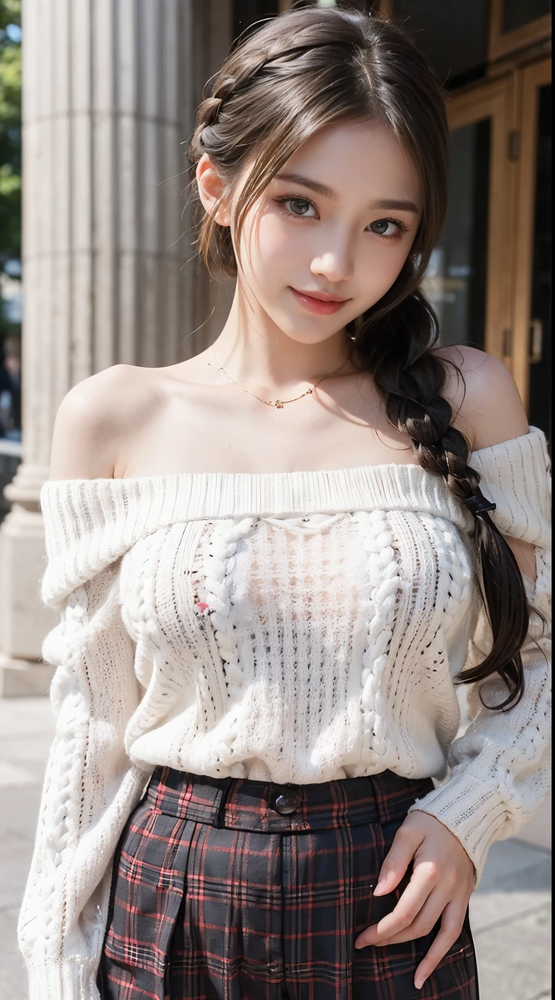 Masterpiece, Best Quality, Very Detailed, 8k, Photorealistic, soft focus, beautiful detailed eyes, detailed face, double eyelid, 1girl, solo, beautiful skin, real human skin, beautiful girl, Japanese idol, cute girl, (french braid:1.3), A beautiful girl standing a pillar, beautiful cleavage, (White solid off shoulder pullover sweater:1.3), BREAK, (wide-leg plaid pants:1.4), BREAK, (Black kneehighs:1.1), charming smile, sexy lips, moist lips, double eyelids, Black and french braid, Half-body, close-up shot, maiden in love, a lustful smile, 20 years old beautiful girl, one hand on hip,NSFW
