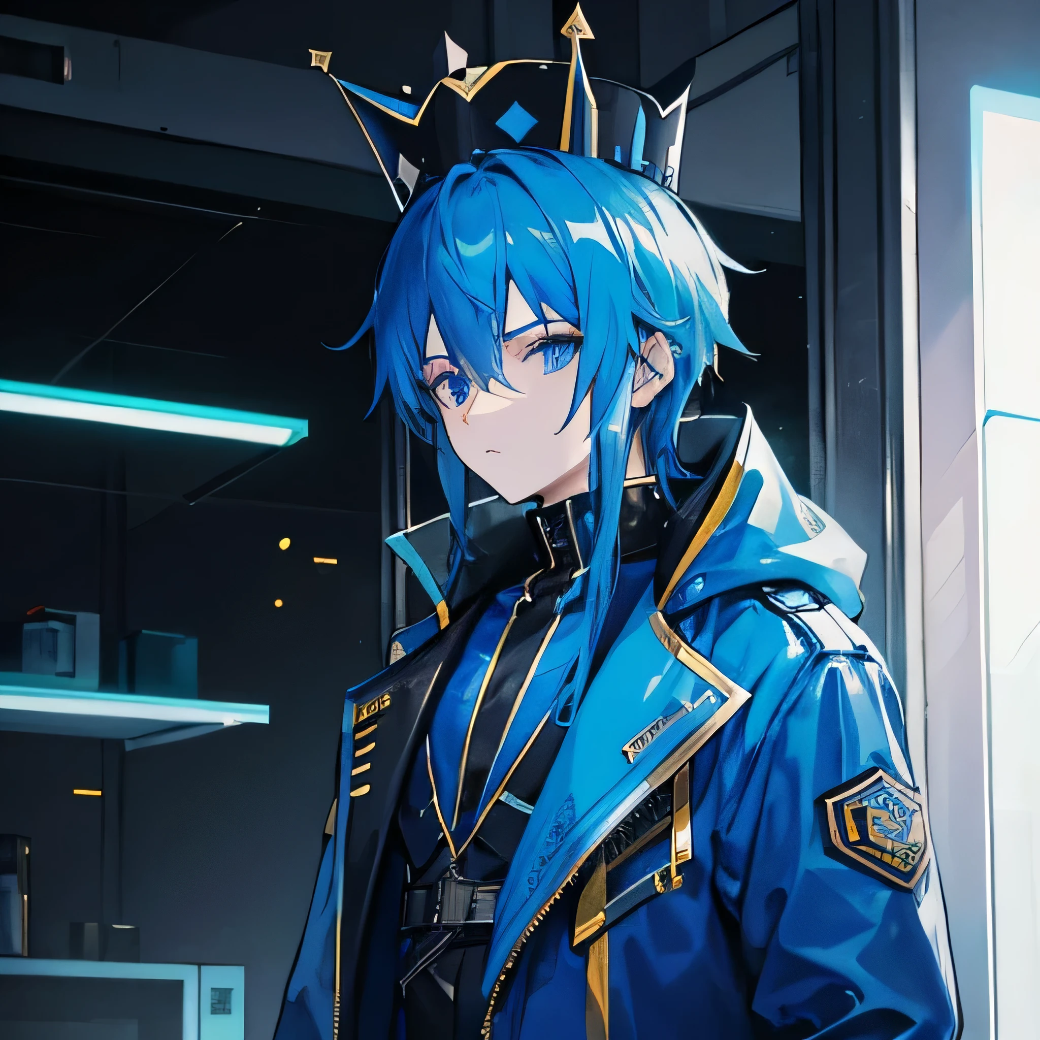 man wearing blue cyberpunk jacket with dark combination and golden blue crown
