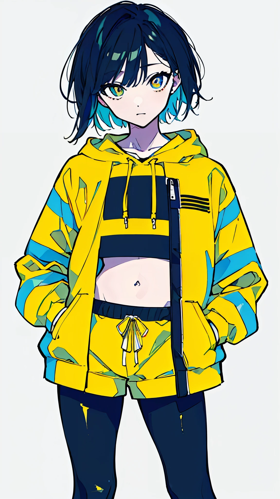 (masterpiece, highest quality:1.6), alone, thick outline, (simple background, Dark yellow background, monochrome, dark yellow theme:1.2), official art, Key Visual, 8K, disorganized, whole body, (Unique hair, Oversized Hoodies, hot pants, arch back, short torso:1.2), belly button, thighs, cowboy shot, HDR, sharp focus, High resolution, most detailed, very detailed, Super detailed, finely, detailed eyes and face, sharp pupils, realistic student, solo, contrast between yellow and light blue, solo, hands in pockets