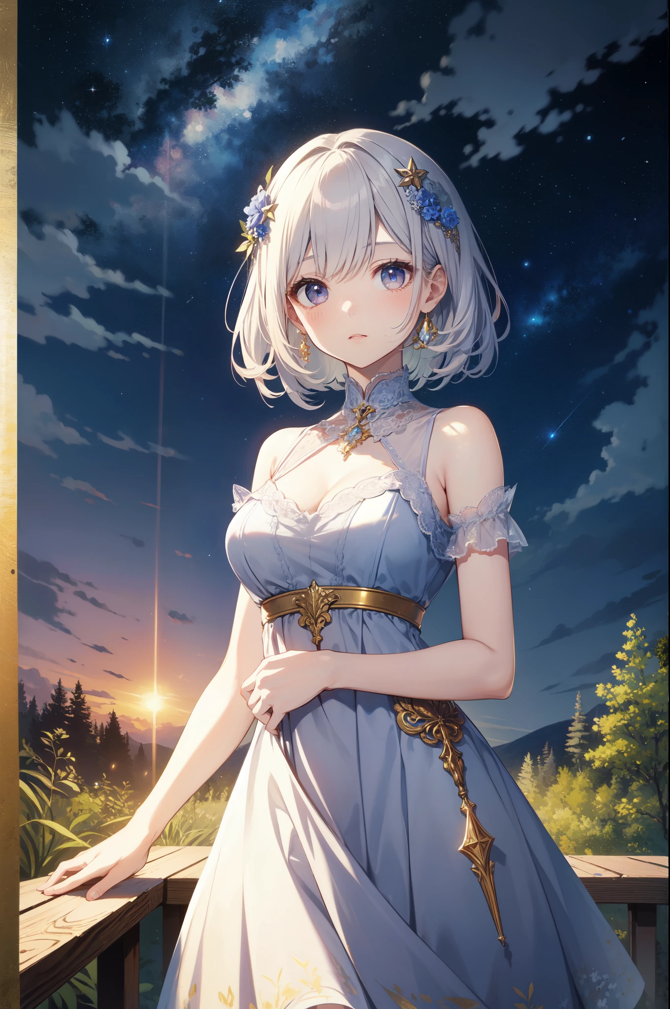 (masterpiece)、(highest quality)、((Super detailed))、(super delicate)、cute、Pastel colors hair、beautiful breasts、Gorgeous、Fantastic forest and starry sky、Golden, silver, and deep blue dress