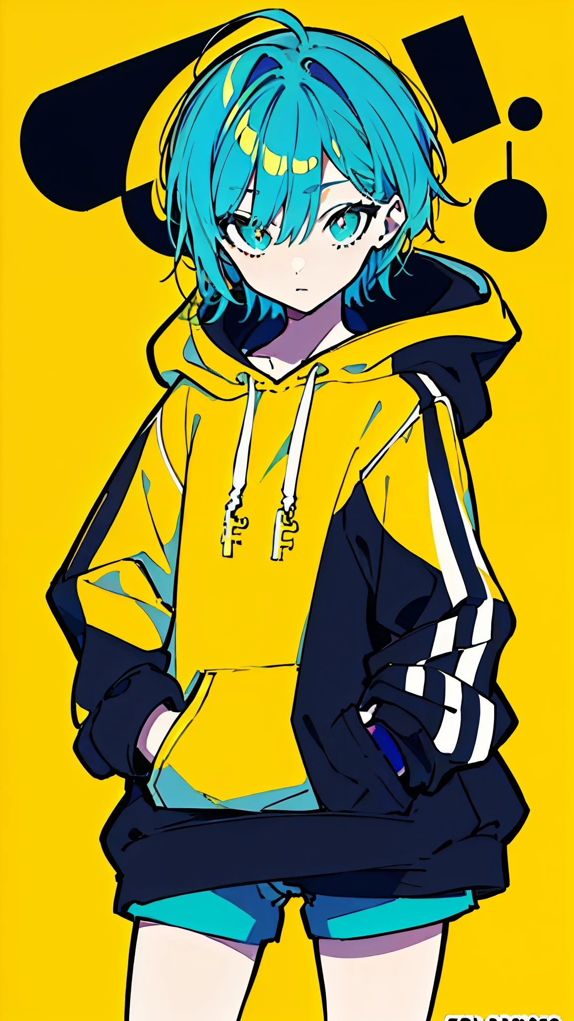 (masterpiece, highest quality:1.6), alone, thick outline, (simple background, Dark yellow background, monochrome, dark yellow theme:1.2), official art, Key Visual, 8K, disorganized, whole body, (Unique hair, Oversized Hoodies, hot pants, arch back, short torso:1.2), belly button, thighs, cowboy shot, HDR, sharp focus, High resolution, most detailed, very detailed, Super detailed, finely, detailed eyes and face, sharp pupils, realistic student, solo, contrast between yellow and light blue, solo, hands in pockets