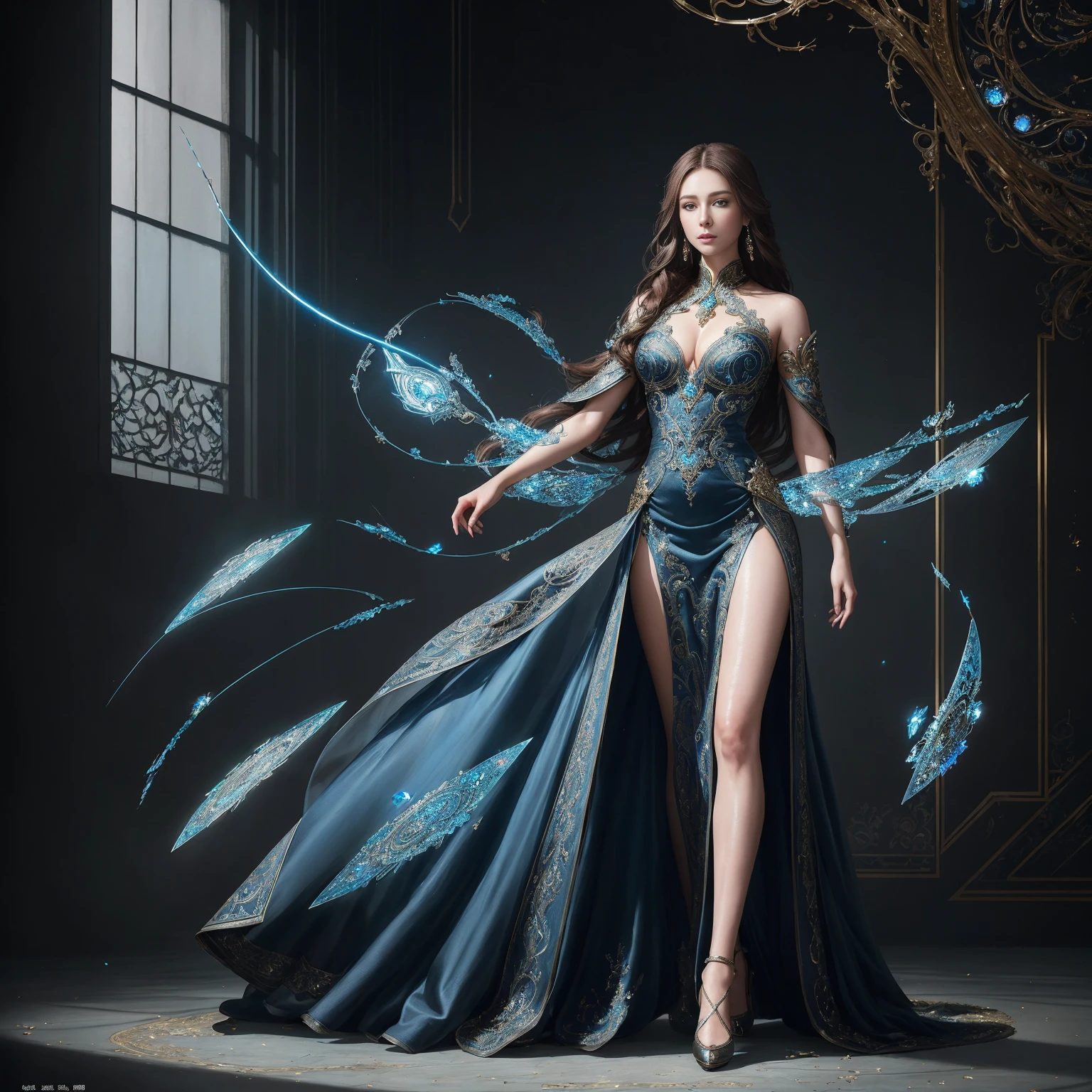 (((full body photo))) 8k portrait of a beautiful cyborg with brown hair, intricate, elegance, highly meticulous, captivating blue eyes, a majestic, digital photography, the artistic germ and art of Nguyen Jia and Greg Rutkowski filigree of surrealist painting, broken glass, (masterpiece, long open dress, side lighting, exquisite and beautiful eyes: 1.2), Human Development Report,