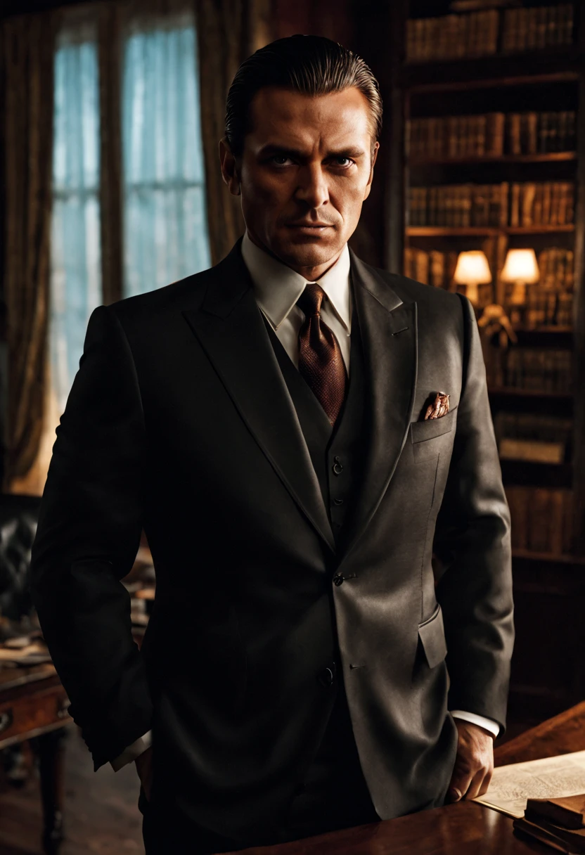 (1man), solo, beautiful detailed eyes, {{{masterpiece}}}, {{{best quality}}}, {{ultra-detailed}}, {illustration}, cinematic angle, {beautiful detailed eyes}, {detailed light},cinematic lighting, A charismatic and elegant mafia boss dressed in a tailored black suit, standing confidently with a slight smirk on his face, his slicked-back hair reflecting the ambient light, his piercing eyes revealing both power and mystery. The boss is surrounded by a dimly lit room with luxurious furnishings, including a mahogany desk, leather chairs, and shelves filled with antique books. Sunlight streams through the half-closed curtains, casting a subtle glow on the room, while a vintage chandelier illuminates the space with a warm, golden light. The atmosphere exudes sophistication and danger, creating an aura of respect and fear. Photography, using a high-resolution full-frame camera with a prime lens (50mm), capturing the boss in sharp focus and emphasizing the details of his appearance and the room's opulence