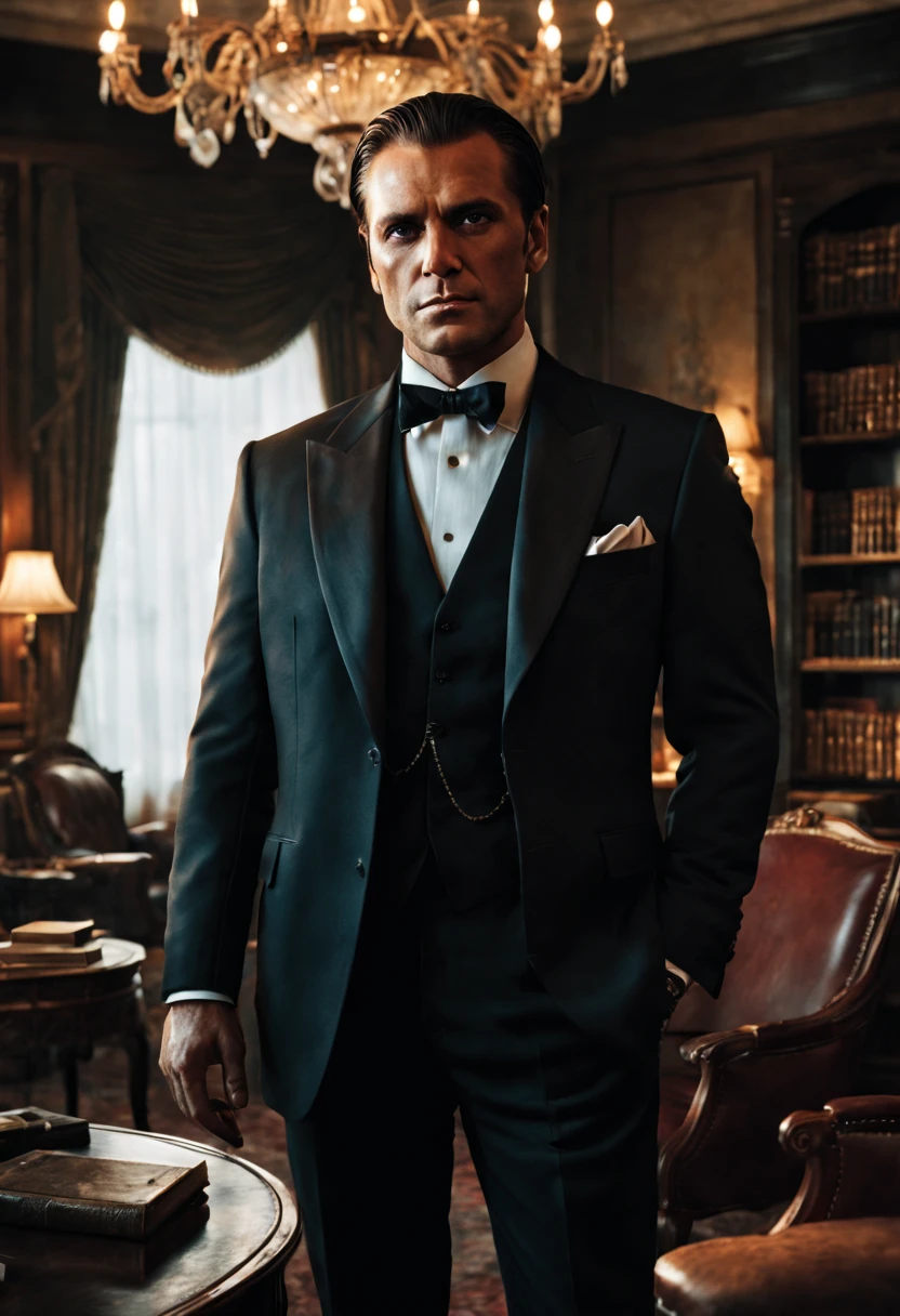 (1man), solo, beautiful detailed eyes, {{{masterpiece}}}, {{{best quality}}}, {{ultra-detailed}}, {illustration}, cinematic angle, {beautiful detailed eyes}, {detailed light},cinematic lighting, A charismatic and elegant mafia boss dressed in a tailored black suit, standing confidently with a slight smirk on his face, his slicked-back hair reflecting the ambient light, his piercing eyes revealing both power and mystery. The boss is surrounded by a dimly lit room with luxurious furnishings, including a mahogany desk, leather chairs, and shelves filled with antique books. Sunlight streams through the half-closed curtains, casting a subtle glow on the room, while a vintage chandelier illuminates the space with a warm, golden light. The atmosphere exudes sophistication and danger, creating an aura of respect and fear. Photography, using a high-resolution full-frame camera with a prime lens (50mm), capturing the boss in sharp focus and emphasizing the details of his appearance and the room's opulence
