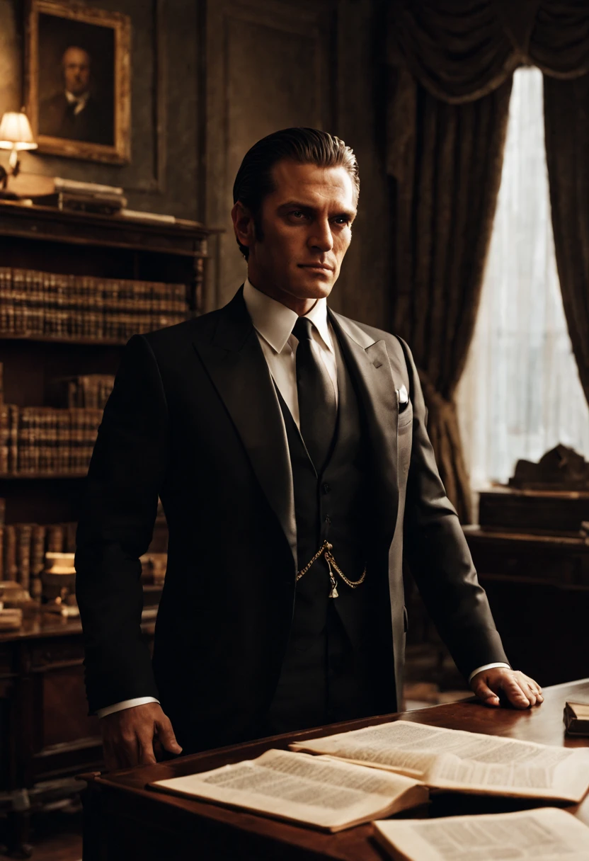 (1man), solo, beautiful detailed eyes, {{{masterpiece}}}, {{{best quality}}}, {{ultra-detailed}}, {illustration}, cinematic angle, {beautiful detailed eyes}, {detailed light},cinematic lighting, A charismatic and elegant mafia boss dressed in a tailored black suit, standing confidently with a slight smirk on his face, his slicked-back hair reflecting the ambient light, his piercing eyes revealing both power and mystery. The boss is surrounded by a dimly lit room with luxurious furnishings, including a mahogany desk, leather chairs, and shelves filled with antique books. Sunlight streams through the half-closed curtains, casting a subtle glow on the room, while a vintage chandelier illuminates the space with a warm, golden light. The atmosphere exudes sophistication and danger, creating an aura of respect and fear. Photography, using a high-resolution full-frame camera with a prime lens (50mm), capturing the boss in sharp focus and emphasizing the details of his appearance and the room's opulence
